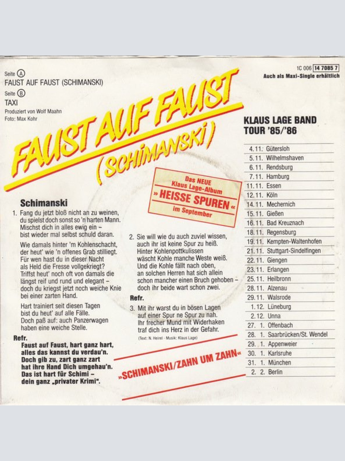 Vinyl / Klaus Lage Band - Faust Auf Faust (Schimanski)