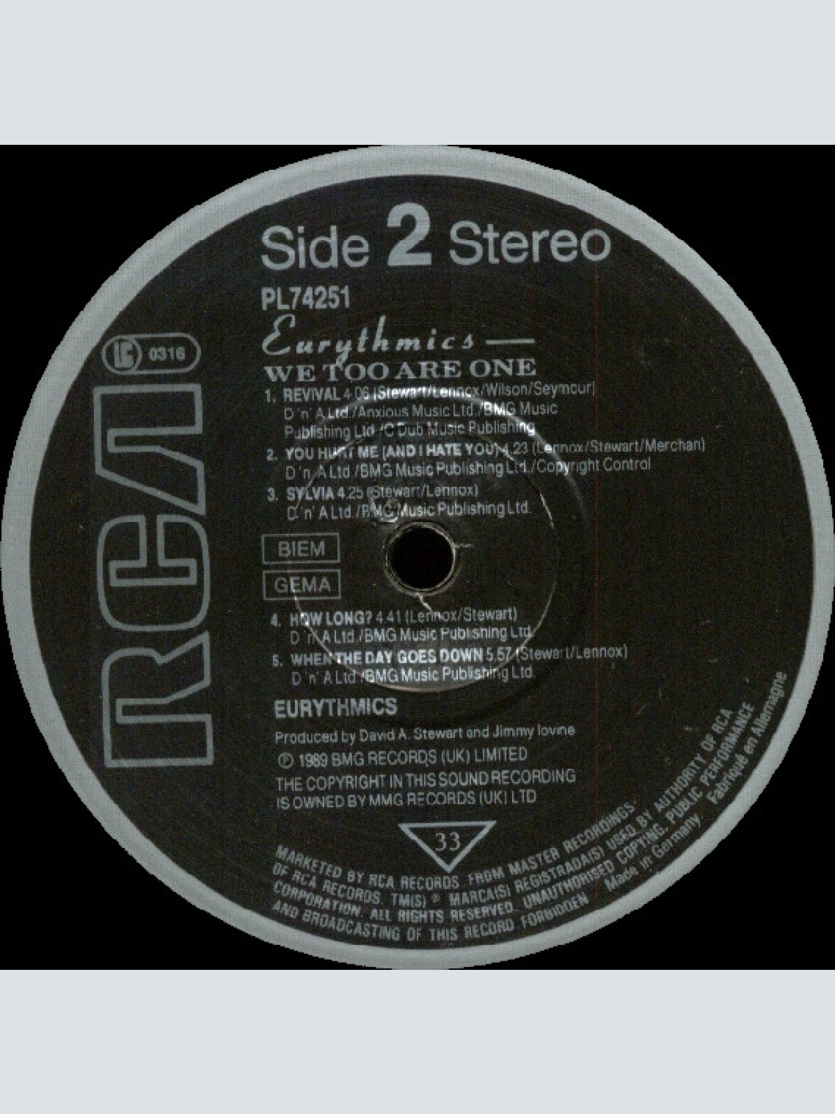 Vinyl / Eurythmics - We Too Are One