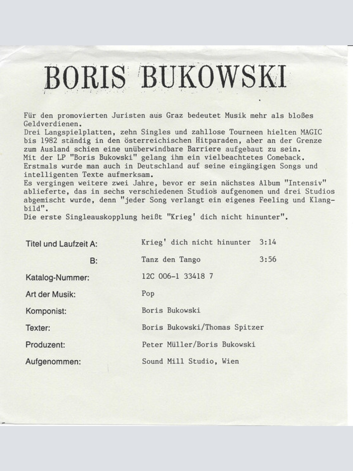 Vinyl / Boris Bukowski - Krieg' Dich Nicht Hinunter