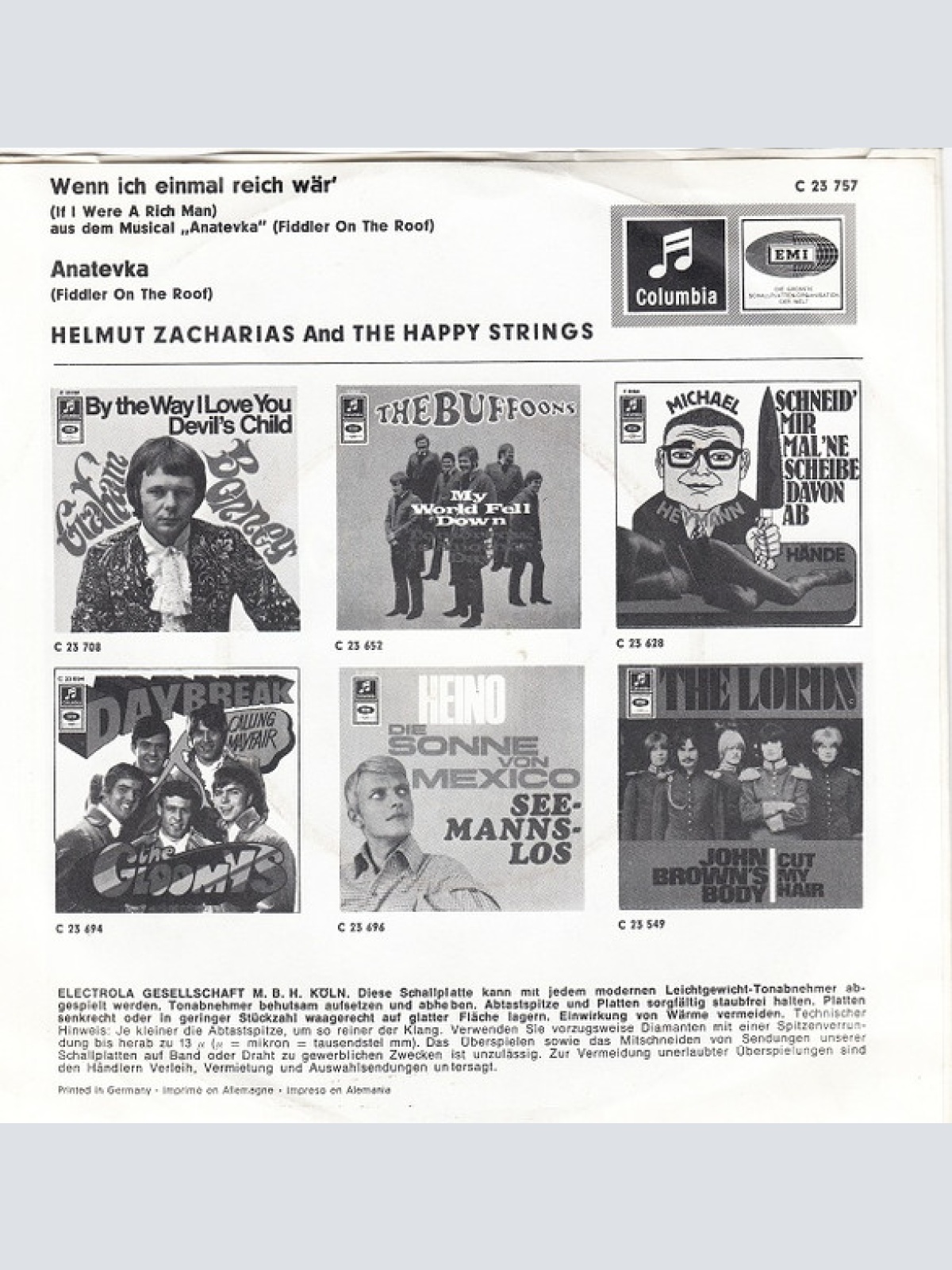Vinyl / Helmut Zacharias And The Happy Strings - Wenn Ich Einmal Reich Wär' / Anatevka