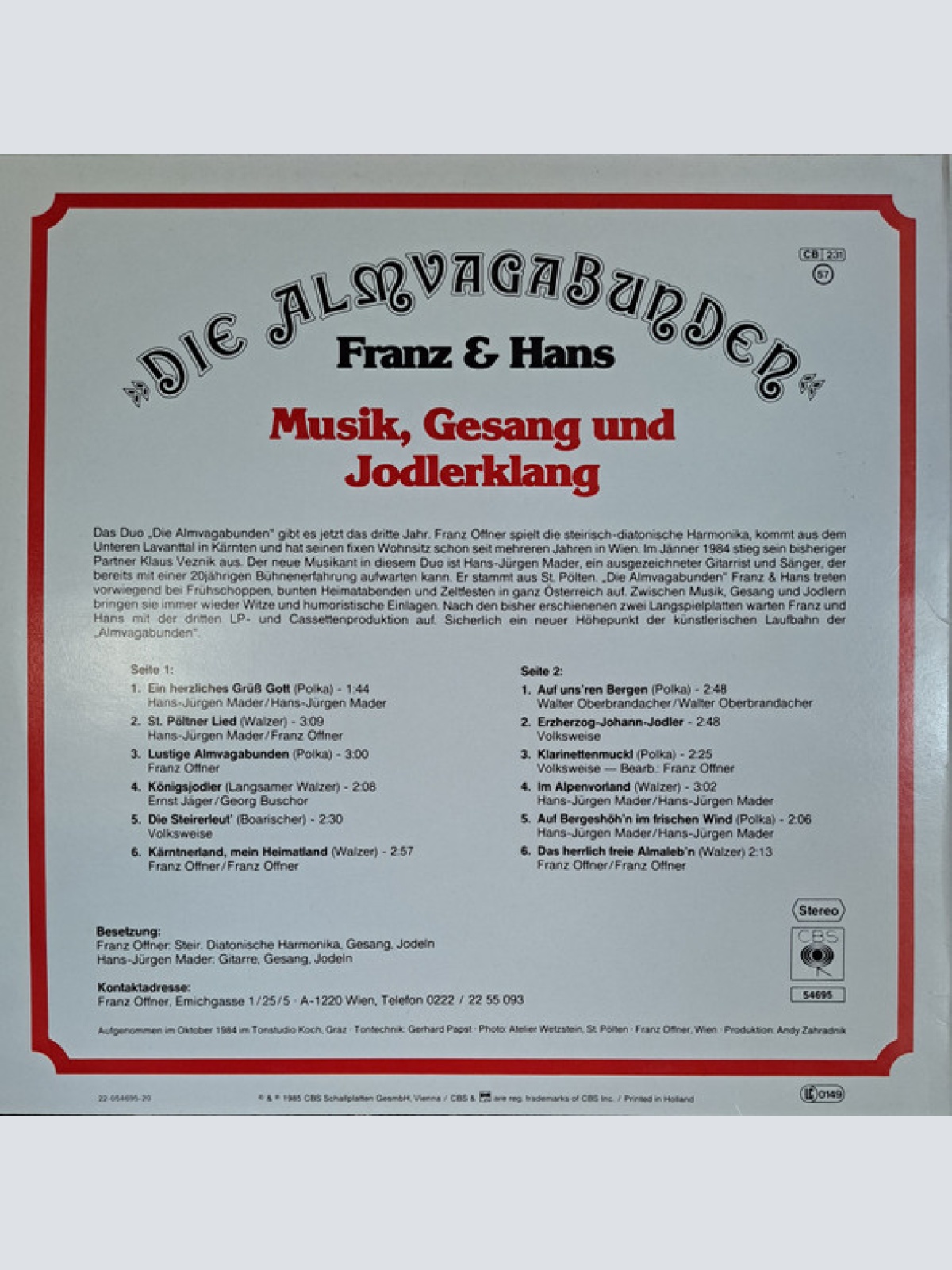 Vinyl / "Die Almvagabunden" Franz & Hans* - Musik, Gesang Und Jodlerklang