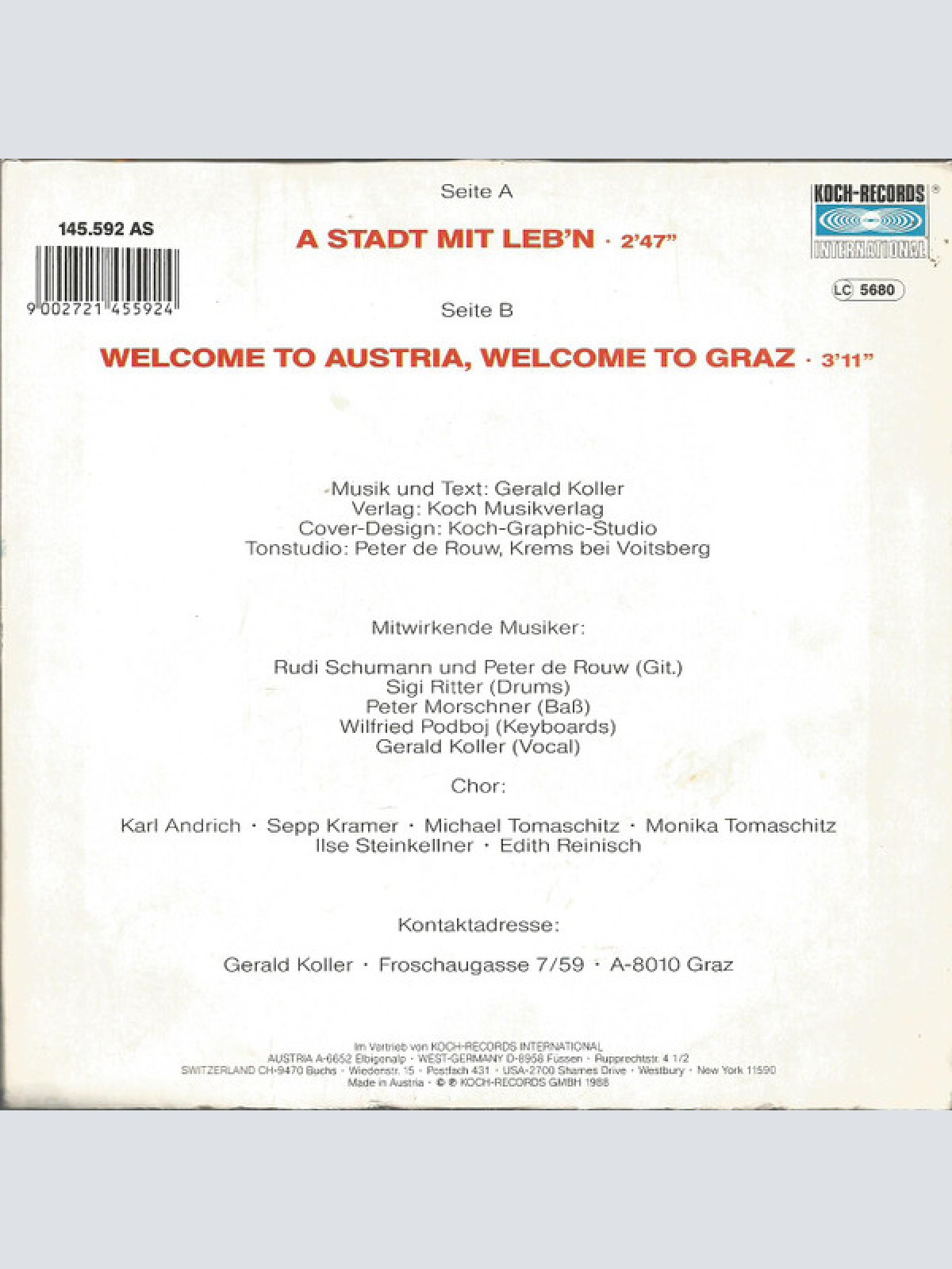Vinyl / Gerald Koller - A Stadt Mit Leb'n / Welcome To Austria, Welcome To Graz