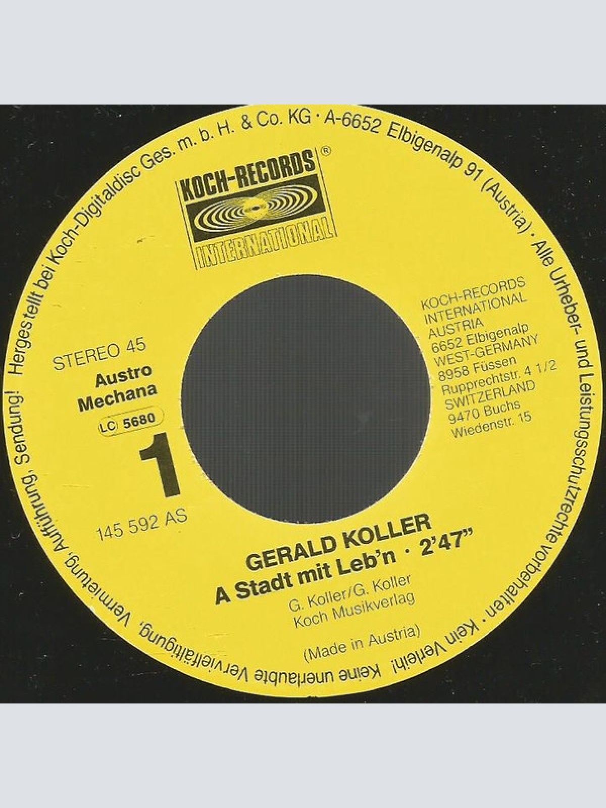 Vinyl / Gerald Koller - A Stadt Mit Leb'n / Welcome To Austria, Welcome To Graz