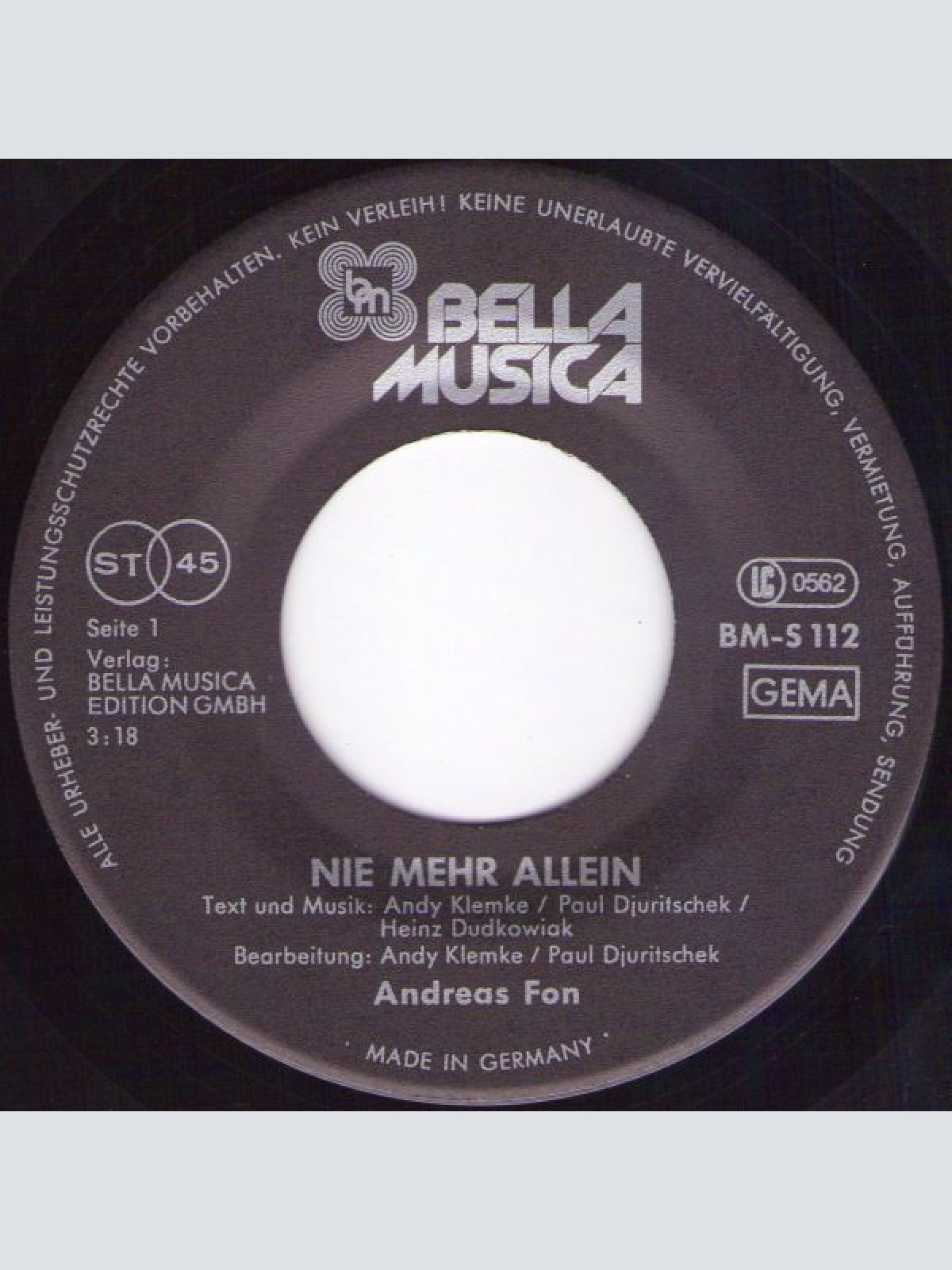 Vinyl / Andreas Fon - Nie Mehr allein / Eloisa