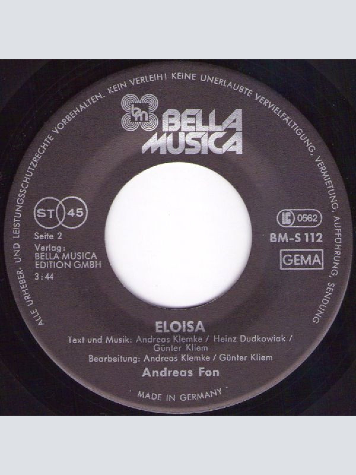 Vinyl / Andreas Fon - Nie Mehr allein / Eloisa