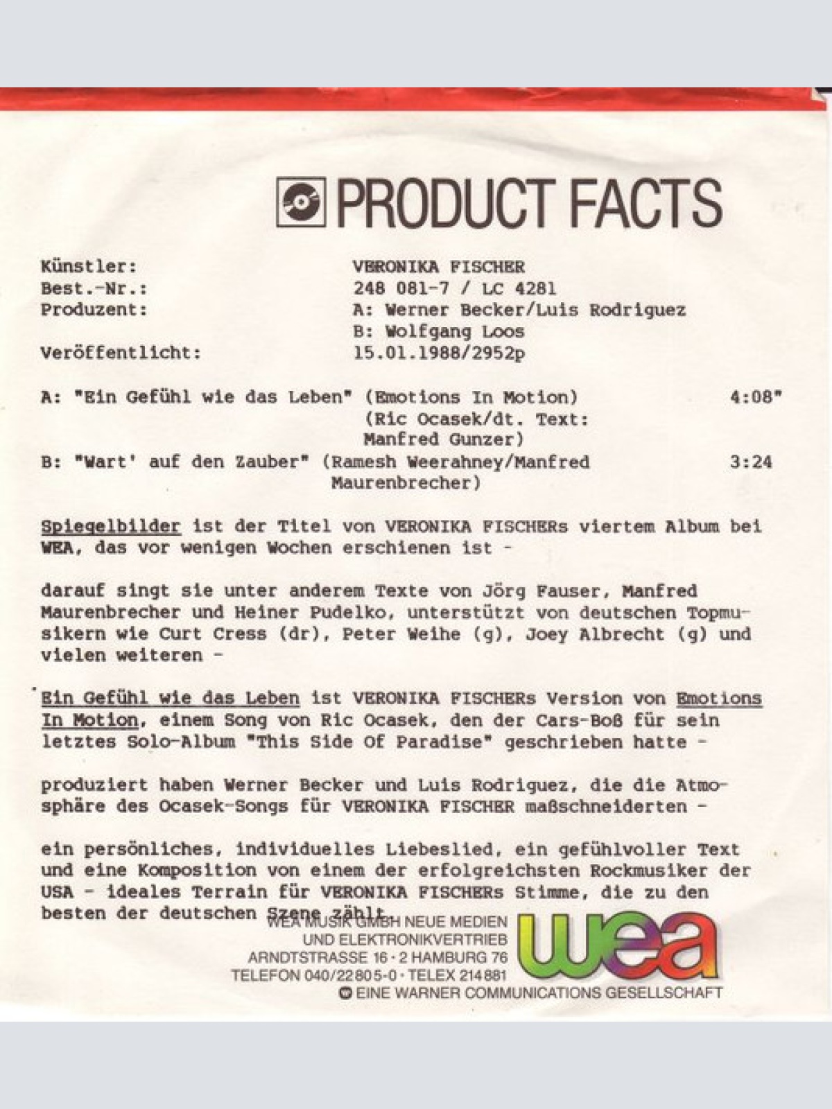 Vinyl / Veronika Fischer - Ein Gefühl Wie Das Leben