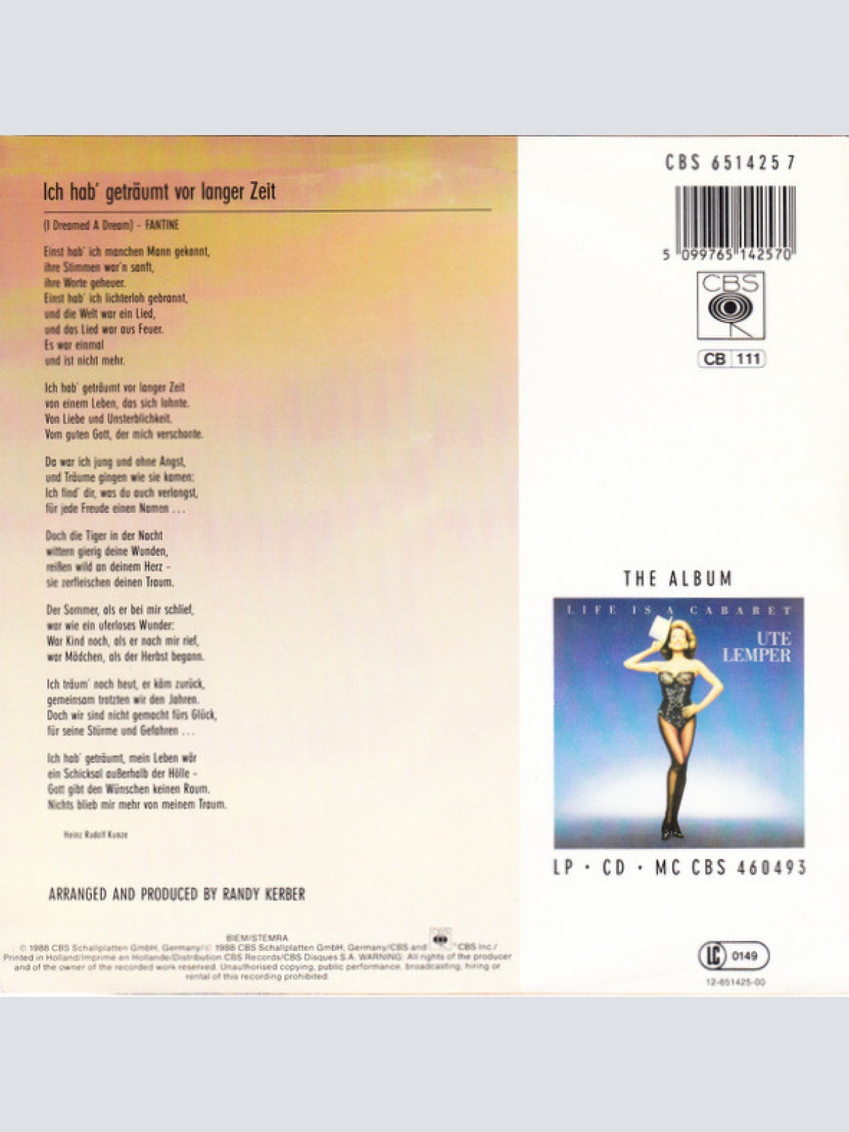 Vinyl / Ute Lemper - Ich Hab' Geträumt Vor Langer Zeit (I Dreamed A Dream)