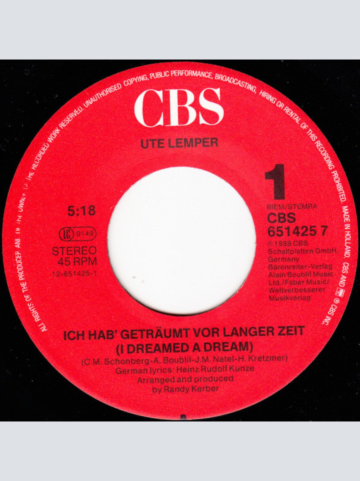 Vinyl / Ute Lemper - Ich Hab' Geträumt Vor Langer Zeit (I Dreamed A Dream)