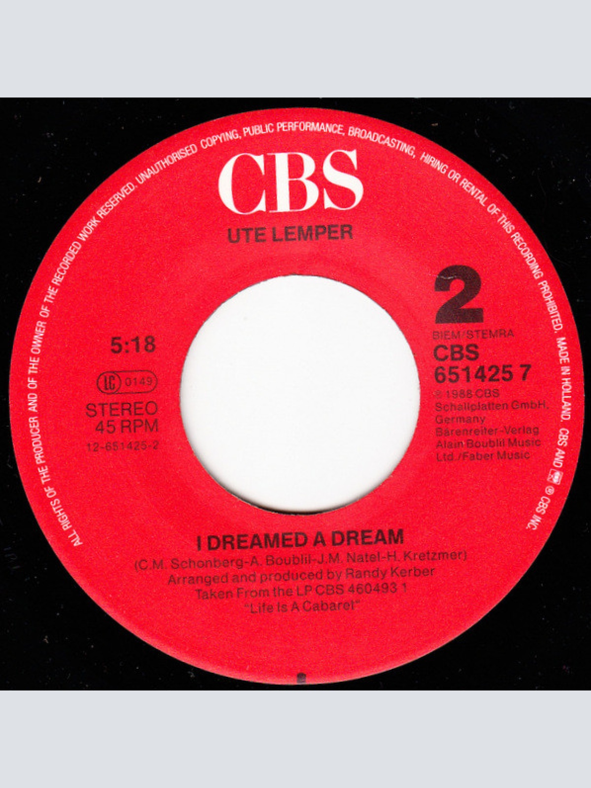 Vinyl / Ute Lemper - Ich Hab' Geträumt Vor Langer Zeit (I Dreamed A Dream)