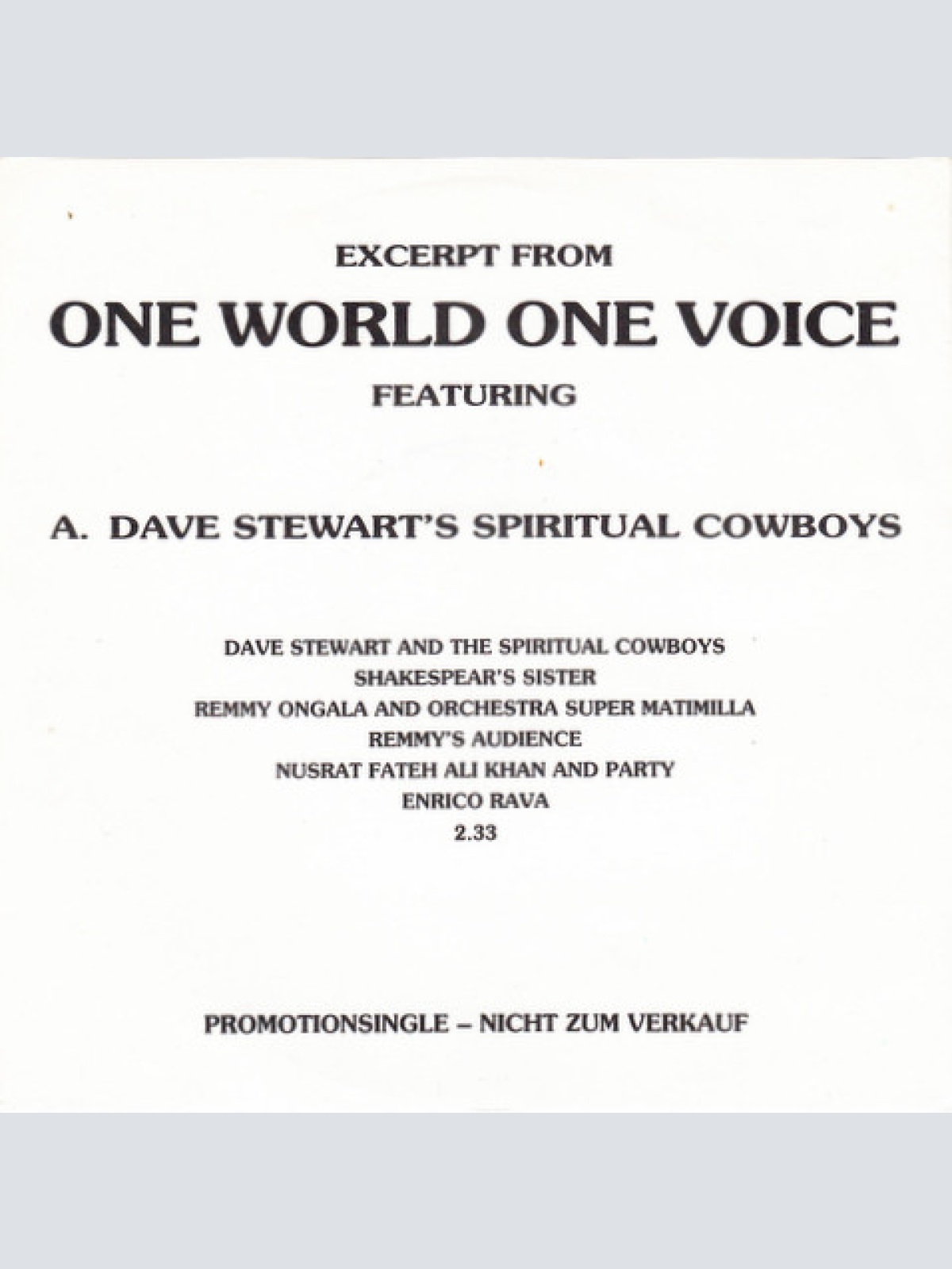 Vinyl / Dave Stewart's Spiritual Cowboys* / Michael Rose - Excerpt From ONE WORLD ONE VOICE