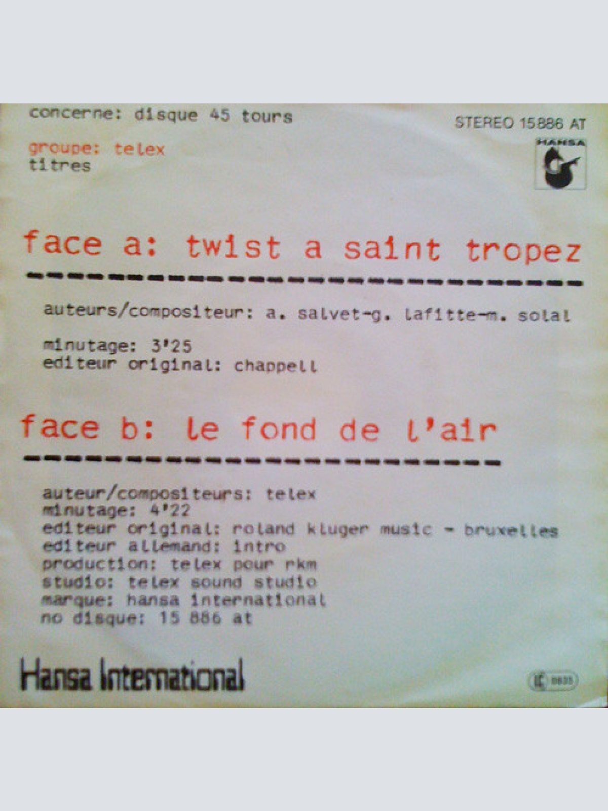 Vinyl / Telex - Twist A Saint Tropez