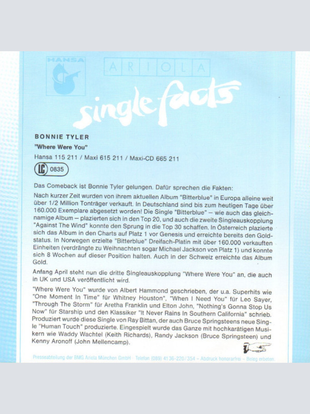 Vinyl / Bonnie Tyler - Where Were You