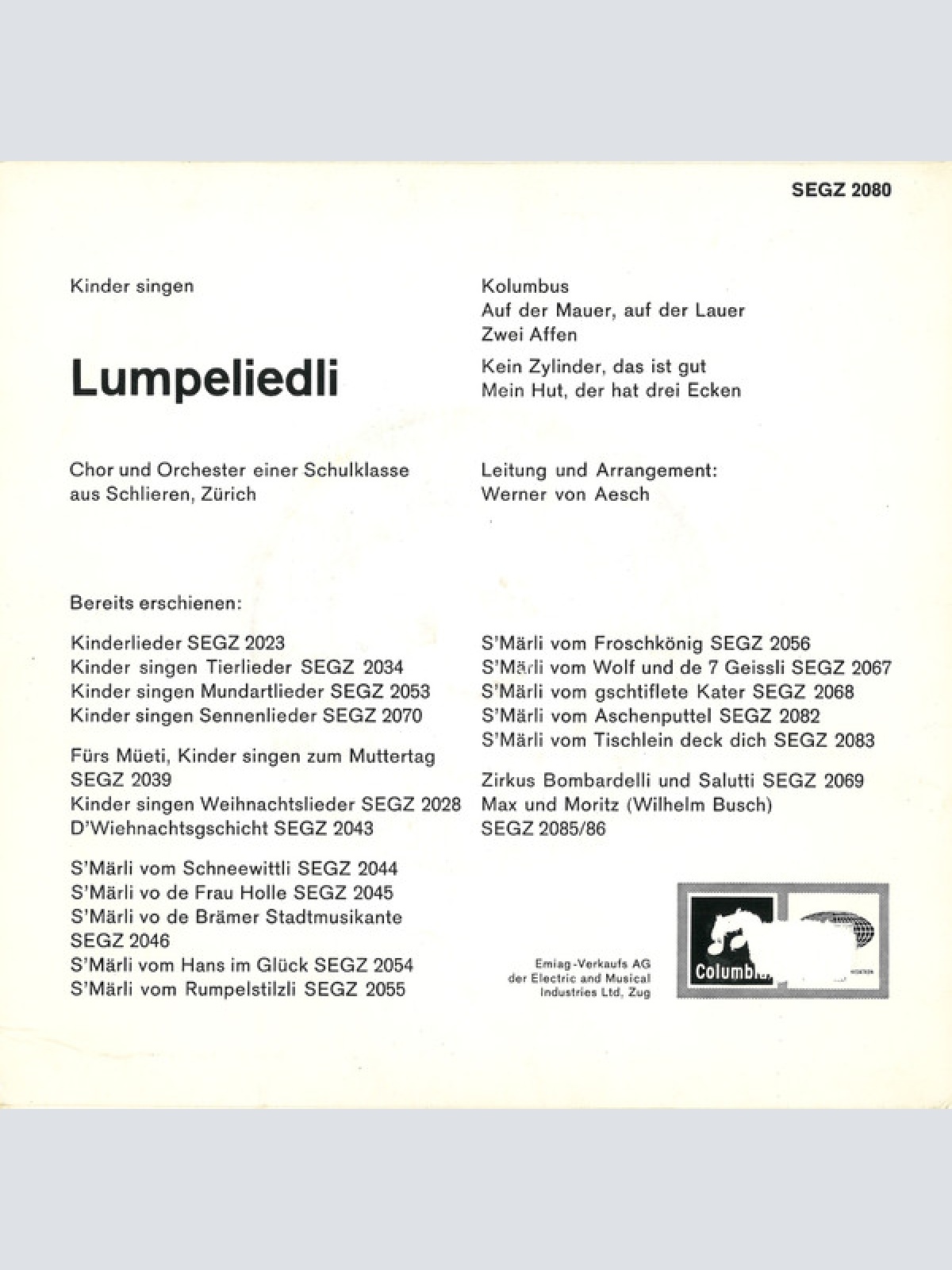 Vinyl / Chor und Orchester einer Schulklasse Aus Schlieren, Zürich* - Kinder Singen Lumpeliedli