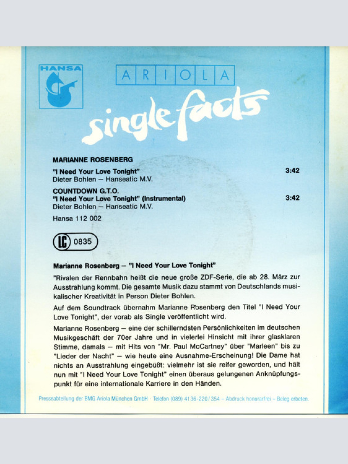 Vinyl / Marianne Rosenberg - I Need Your Love Tonight