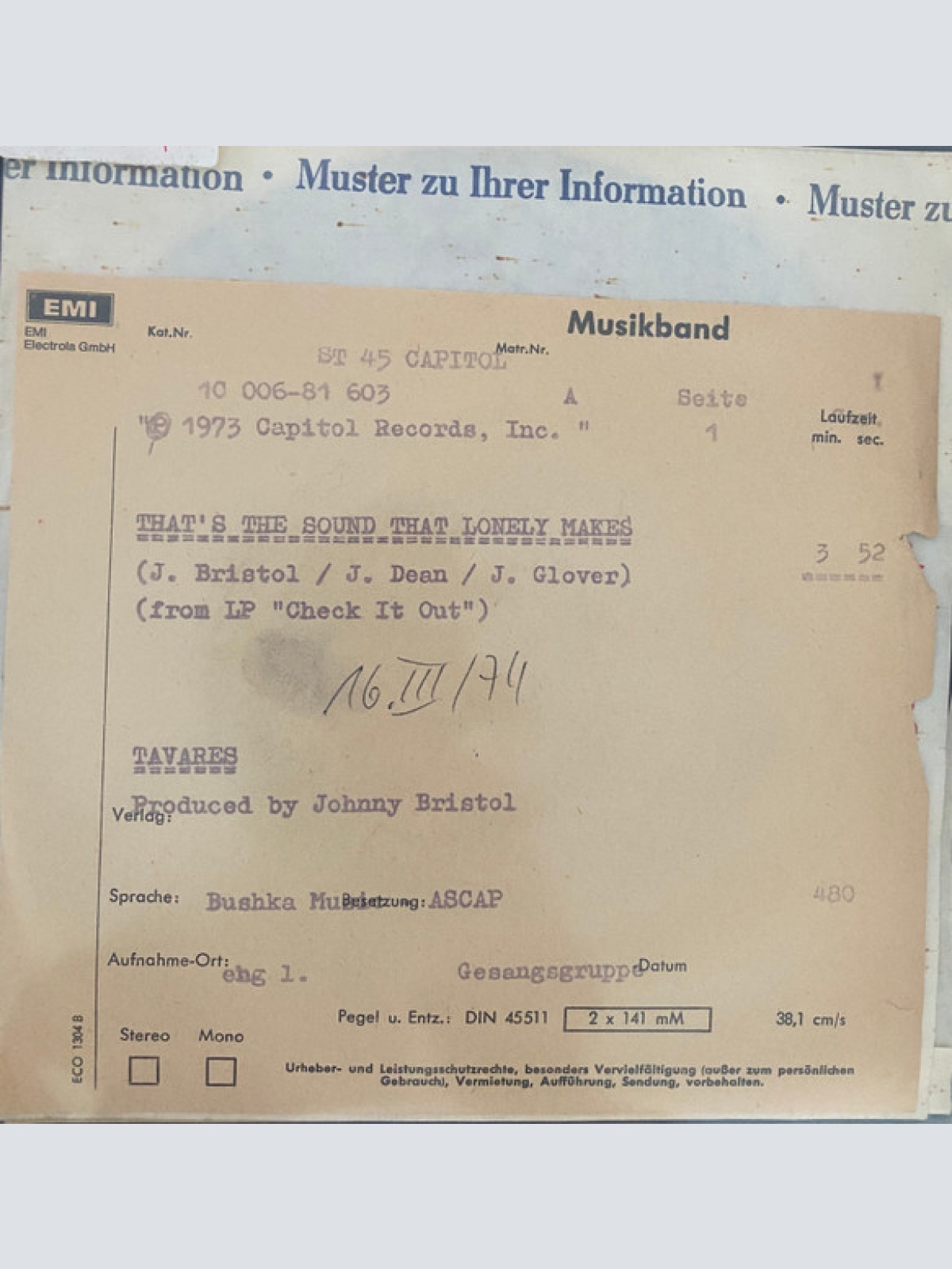 Vinyl / Tavares - That's The Sound That Lonely Makes