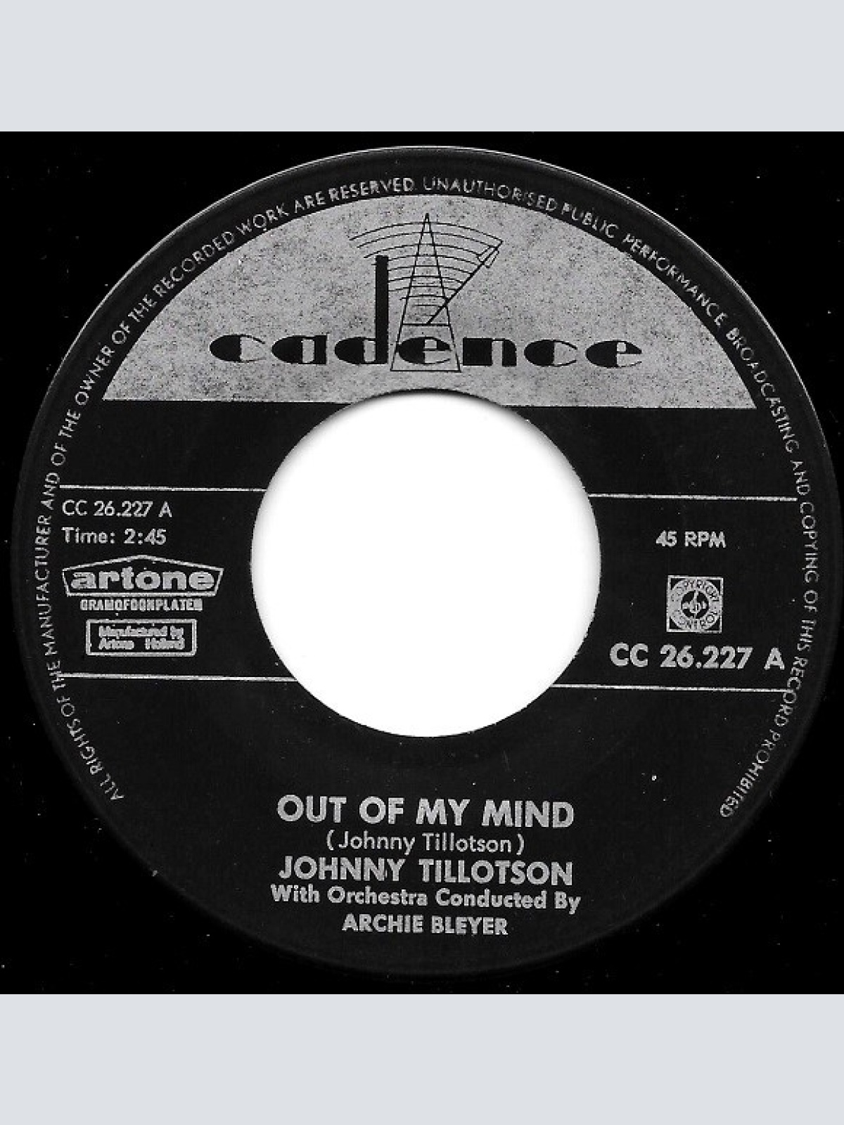 Vinyl / Johnny Tillotson - Out Of My Mind / Empty Feelin'
