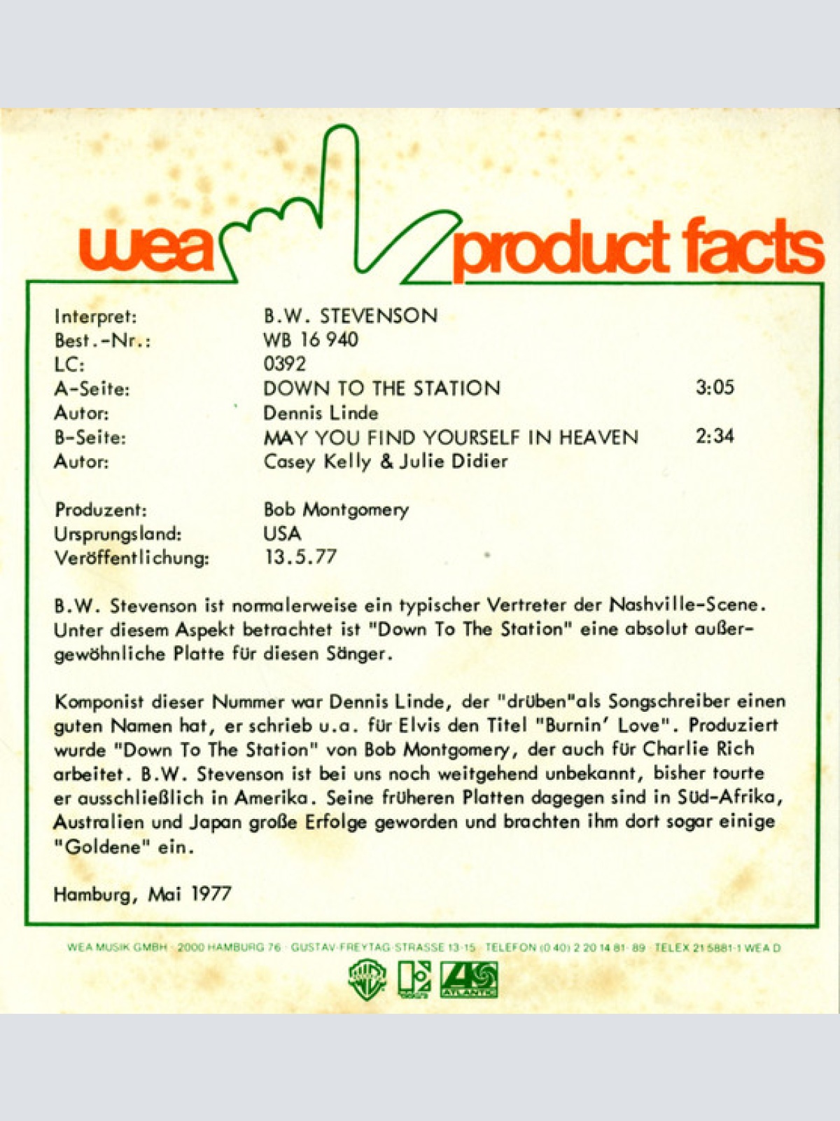 Vinyl / B.W. Stevenson - Down To The Station