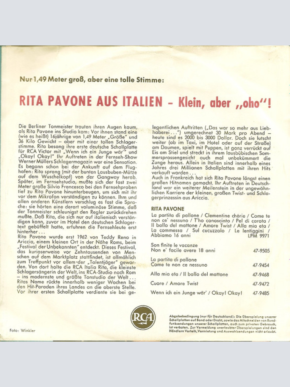 Vinyl / Rita Pavone - Mit 17 Soll Man Nicht Weinen / Mein Jack, Der Ist 2 Meter Groß