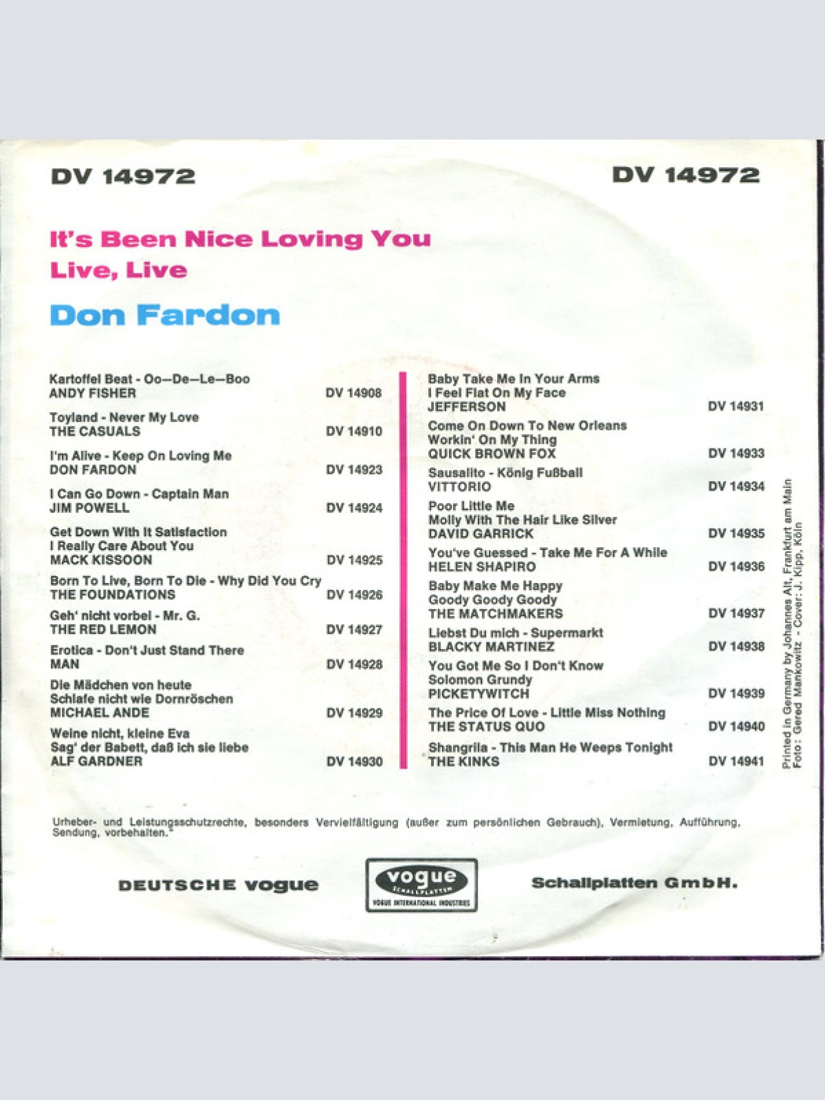 Vinyl / Don Fardon - It's Been Nice Loving You / Live Live