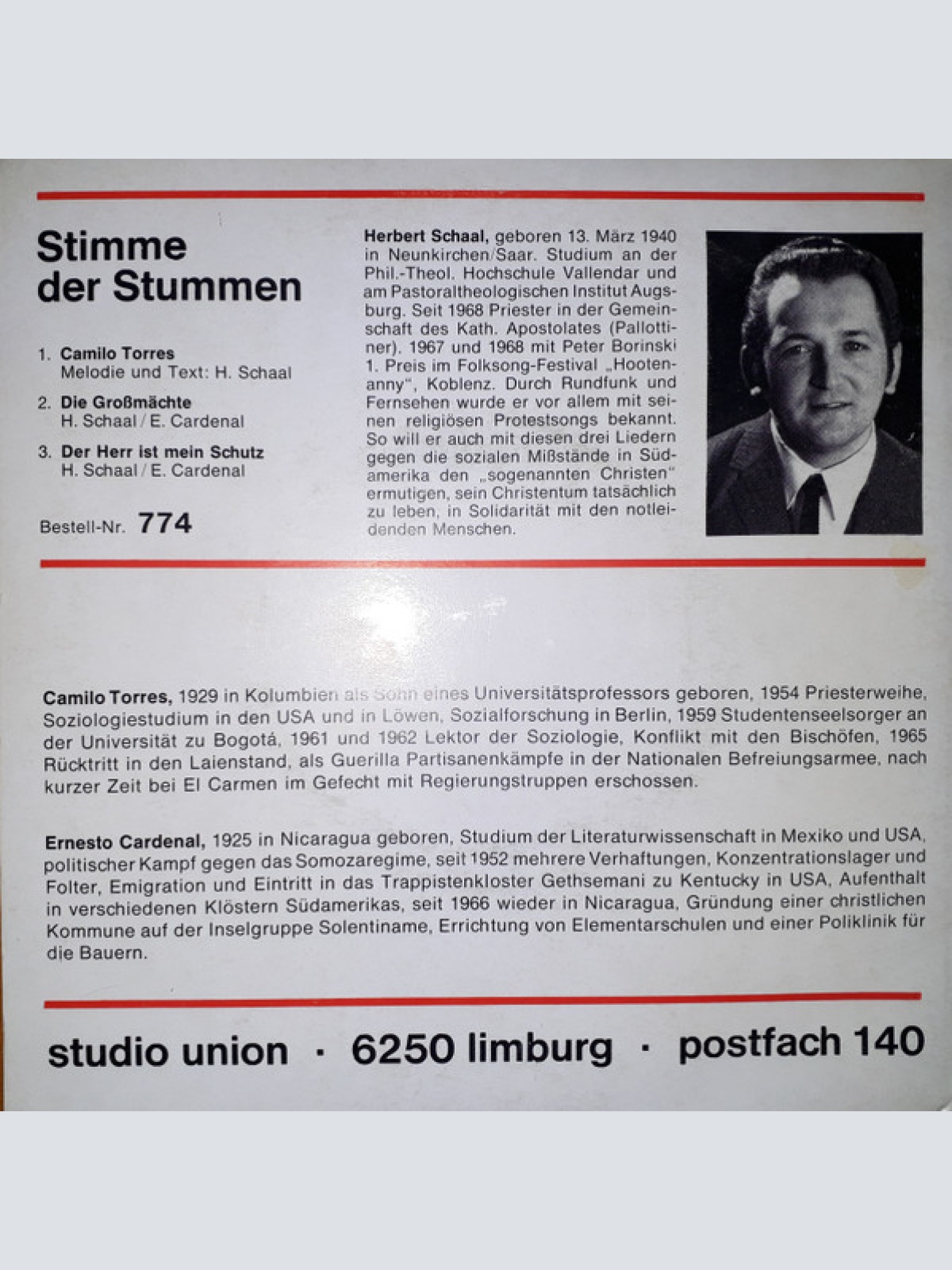 Vinyl / Herbert Schaal - Stimme Der Stummen - Camilo Torres, Ernesto Cardenal, 3 Protestsongs
