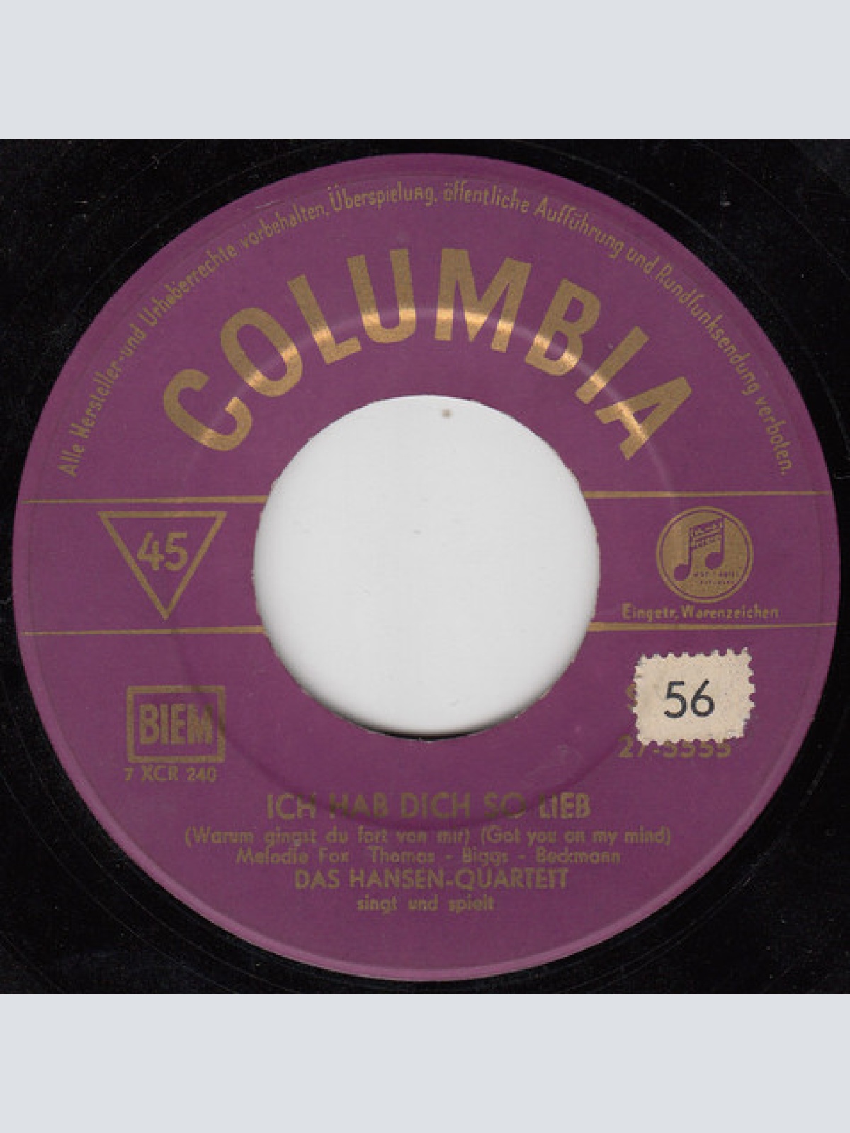 Vinyl / Das Hansen-Quartett - Ich Hab Dich So Lieb / Gut' Nacht Mein Schatz, Gut' Nacht