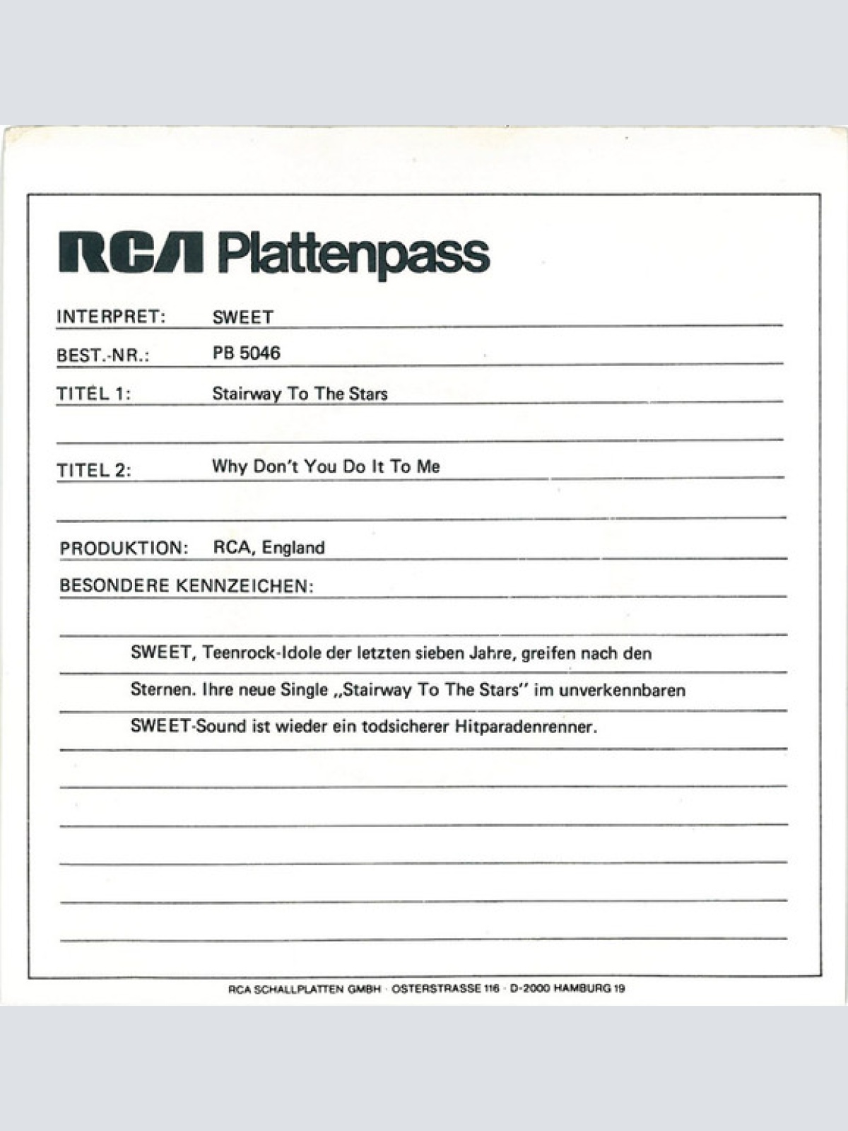 Vinyl / Sweet* - Stairway To The Stars