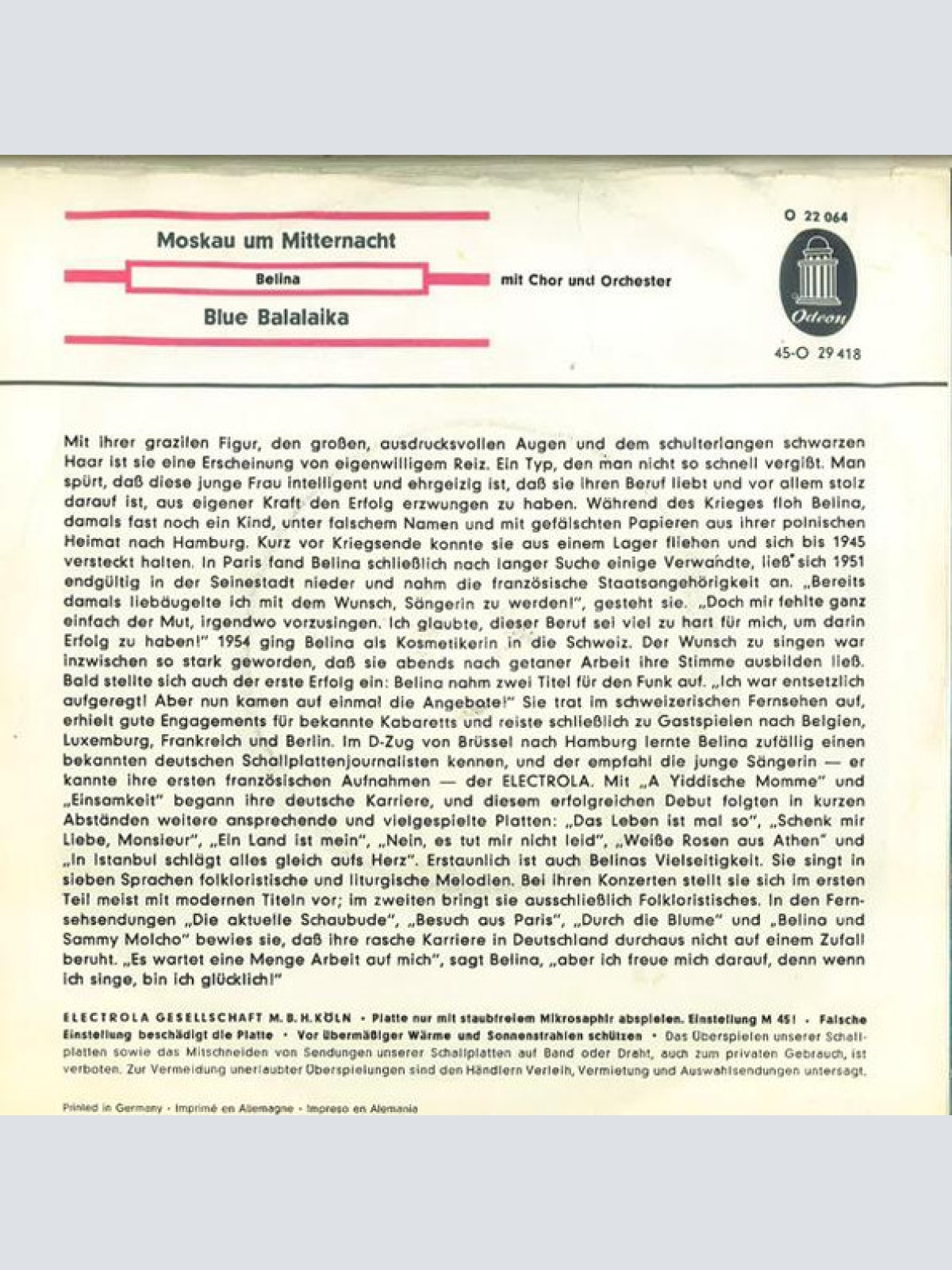 Vinyl / Belina - Moskau Um Mitternacht / Blue Balalaika