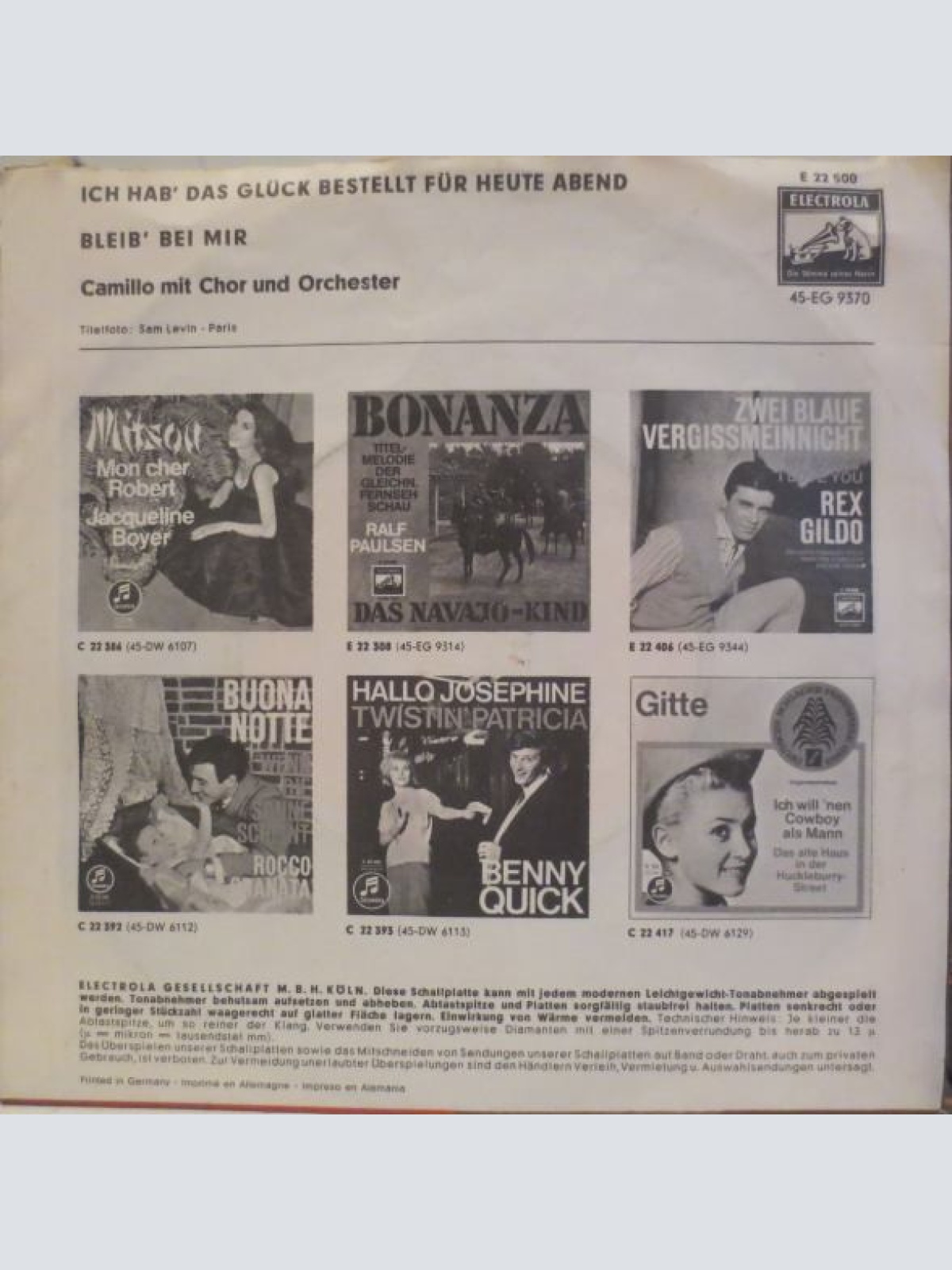 Vinyl / Camillo Felgen - Ich Hab' Das Glück Bestellt Für Heute Abend / Bleib' Bei Mir