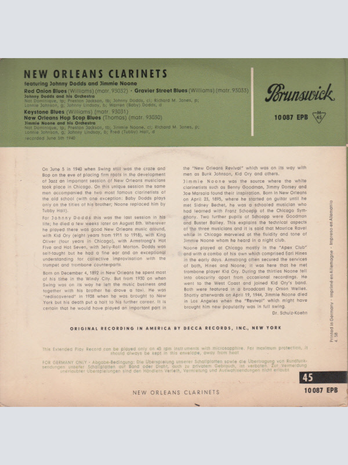 Vinyl / Johnny Dodds And Jimmie Noone - New Orleans Clarinets