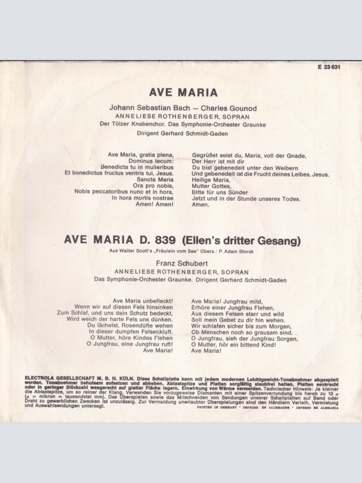 Vinyl / Anneliese Rothenberger / Bach* - Gounod* Und Franz Schubert - Ave Maria
