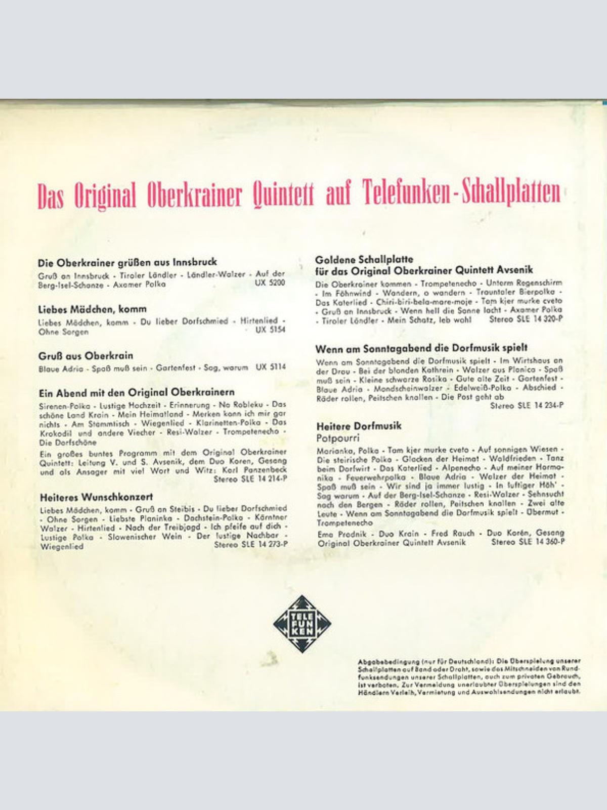 Vinyl / Original Oberkrainer Quintett Avsenik* - Hirtenlied