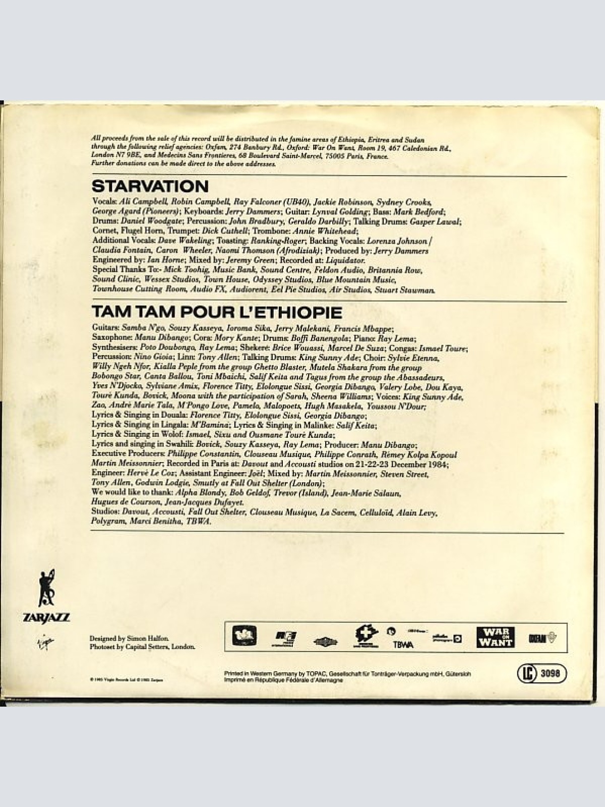 Vinyl / Starvation - Starvation / Tam Tam Pour L'Éthiopie