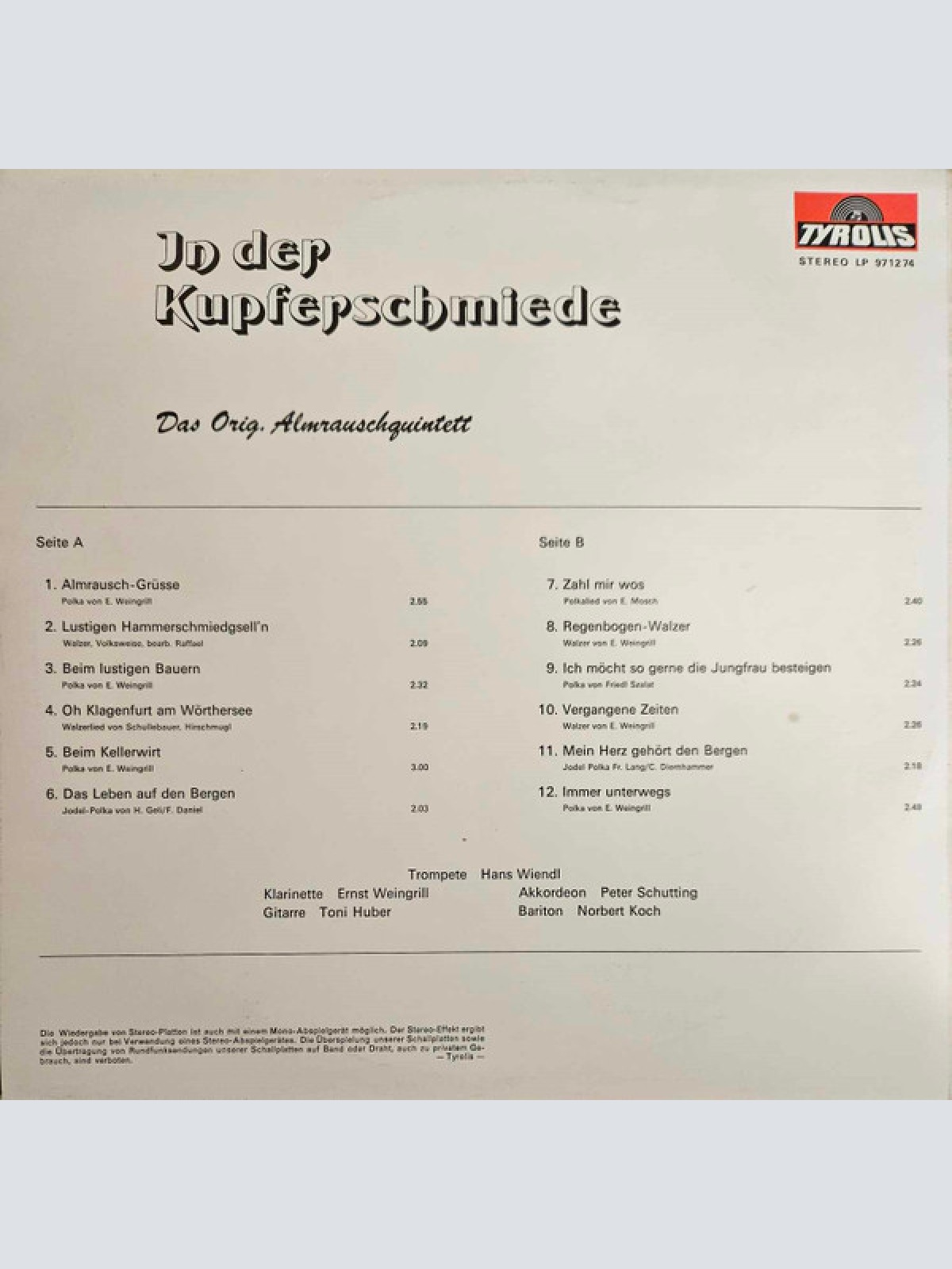 Vinyl / Das Orig. Almrauschquintett* - In Der Kupferschmiede