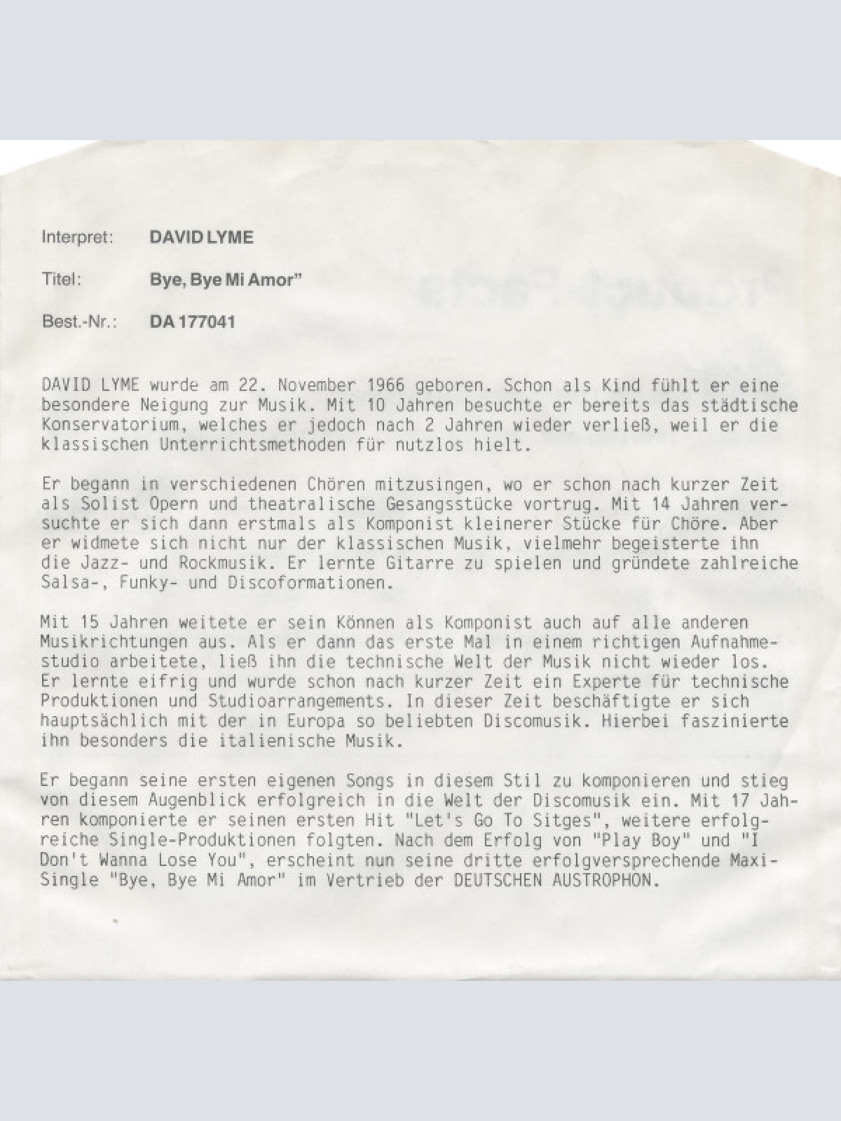 Vinyl / David Lyme - Bye, Bye Mi Amor