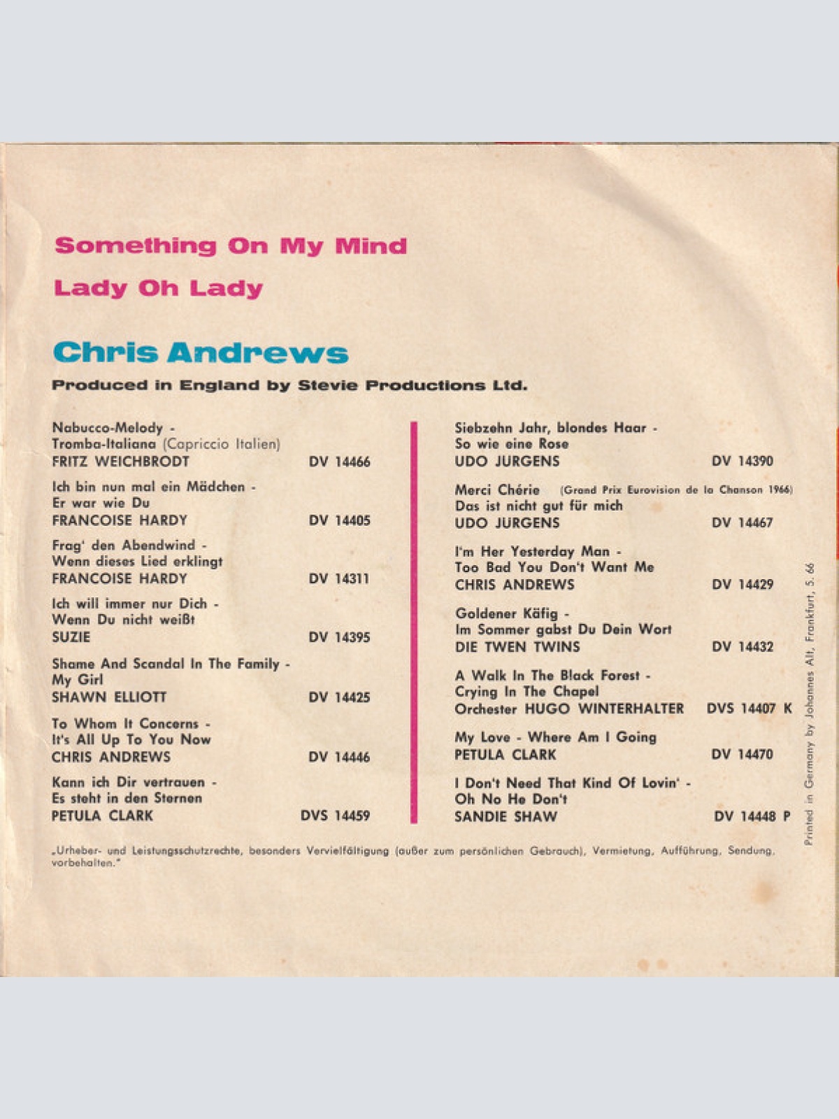 Vinyl / Chris Andrews (3) - Something On My Mind / Lady Oh Lady