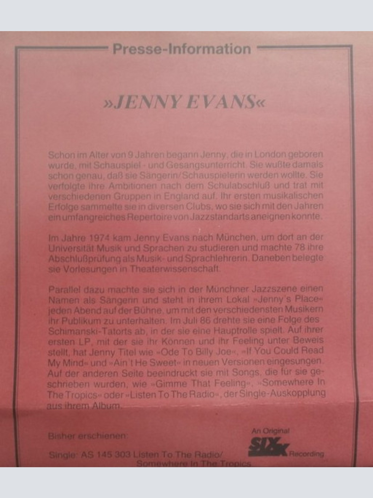 Vinyl / Jenny Evans (4) - Ode To Billy Joe