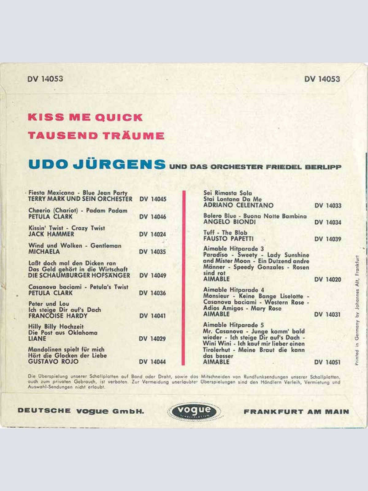 Vinyl / Udo Jürgens - Kiss Me Quick / Tausend Träume