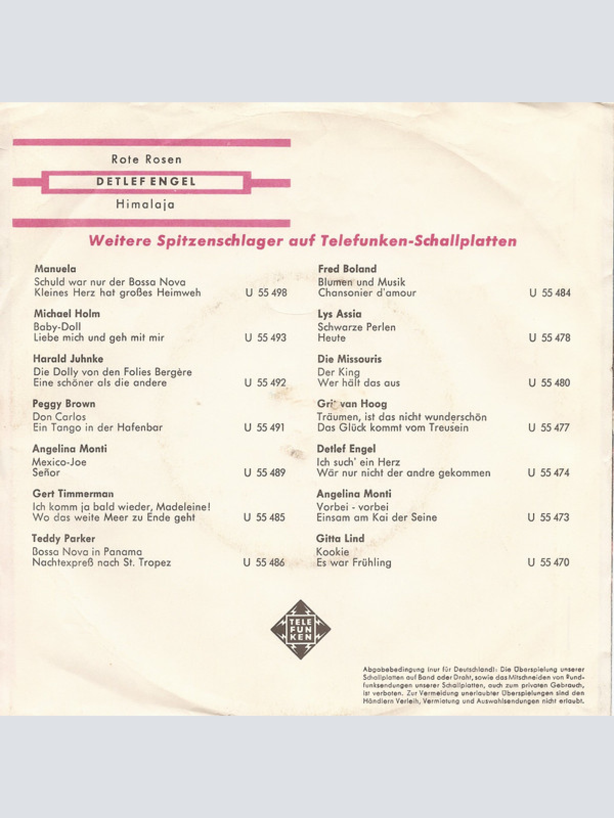 Vinyl / Detlef Engel - Rote Rosen (Bossa Nova) / Himalaja (Let's Do The Limbo)