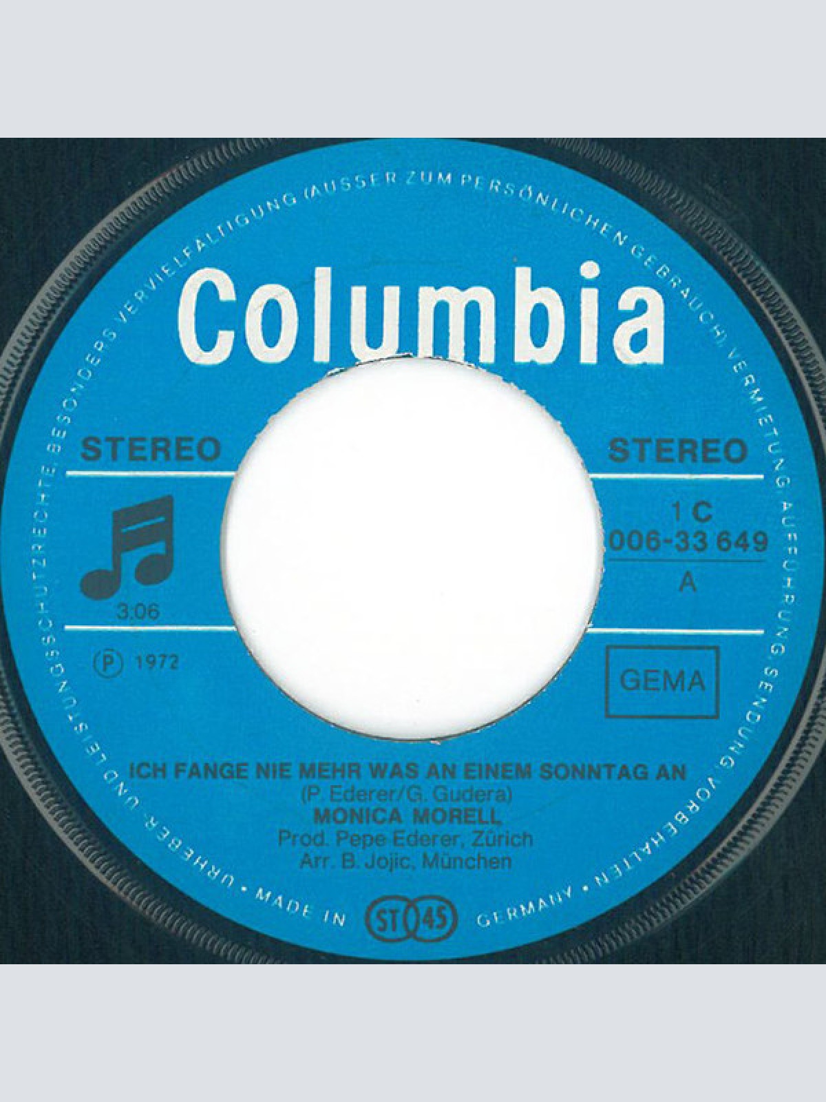 Vinyl / Monica Morell - Ich Fange Nie Mehr Was An Einem Sonntag An