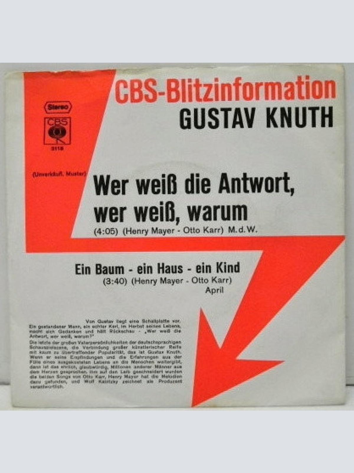 Vinyl / Gustav Knuth - Wer Weiss Die Antwort, Wer Weiss, Warum