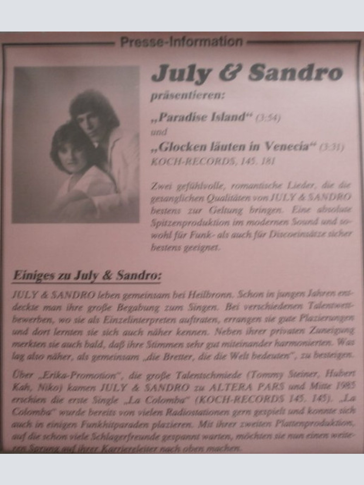 Vinyl / July & Sandro - Paradise Island
