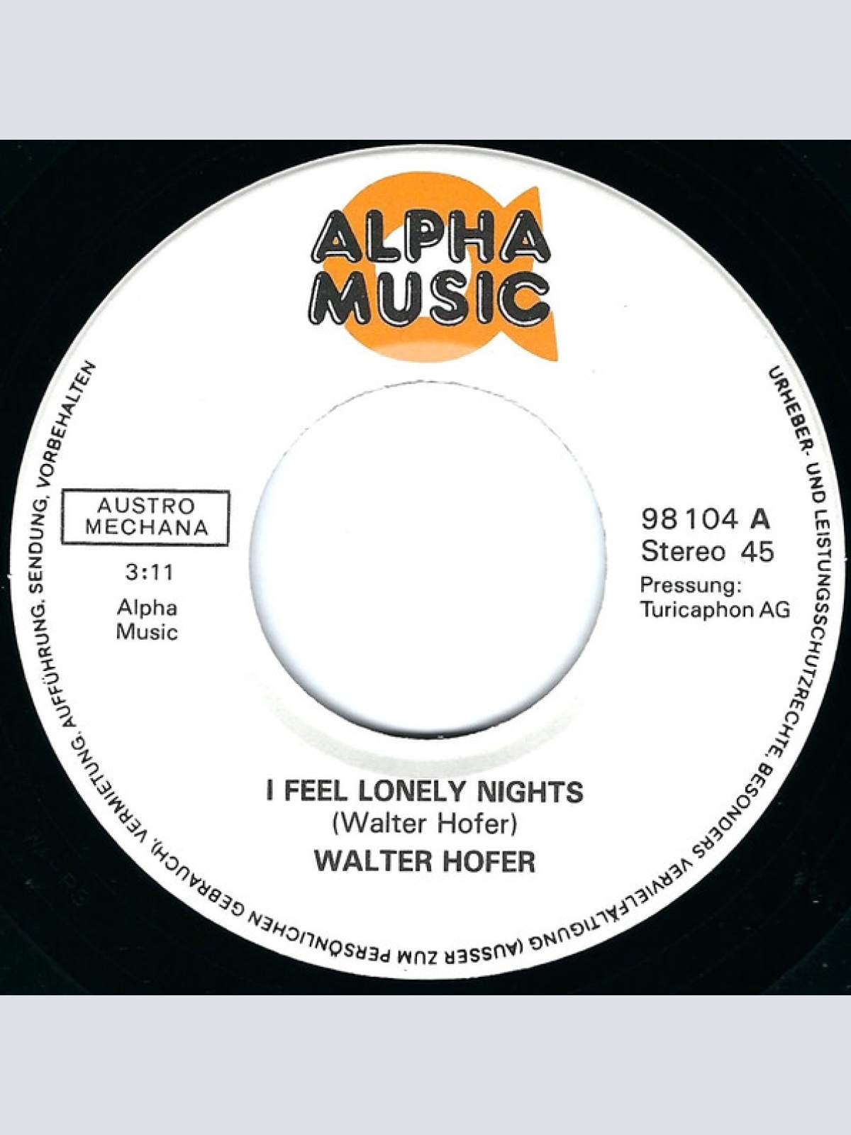 Vinyl / Walter Hofer (4) - I Feel Lonely Nights