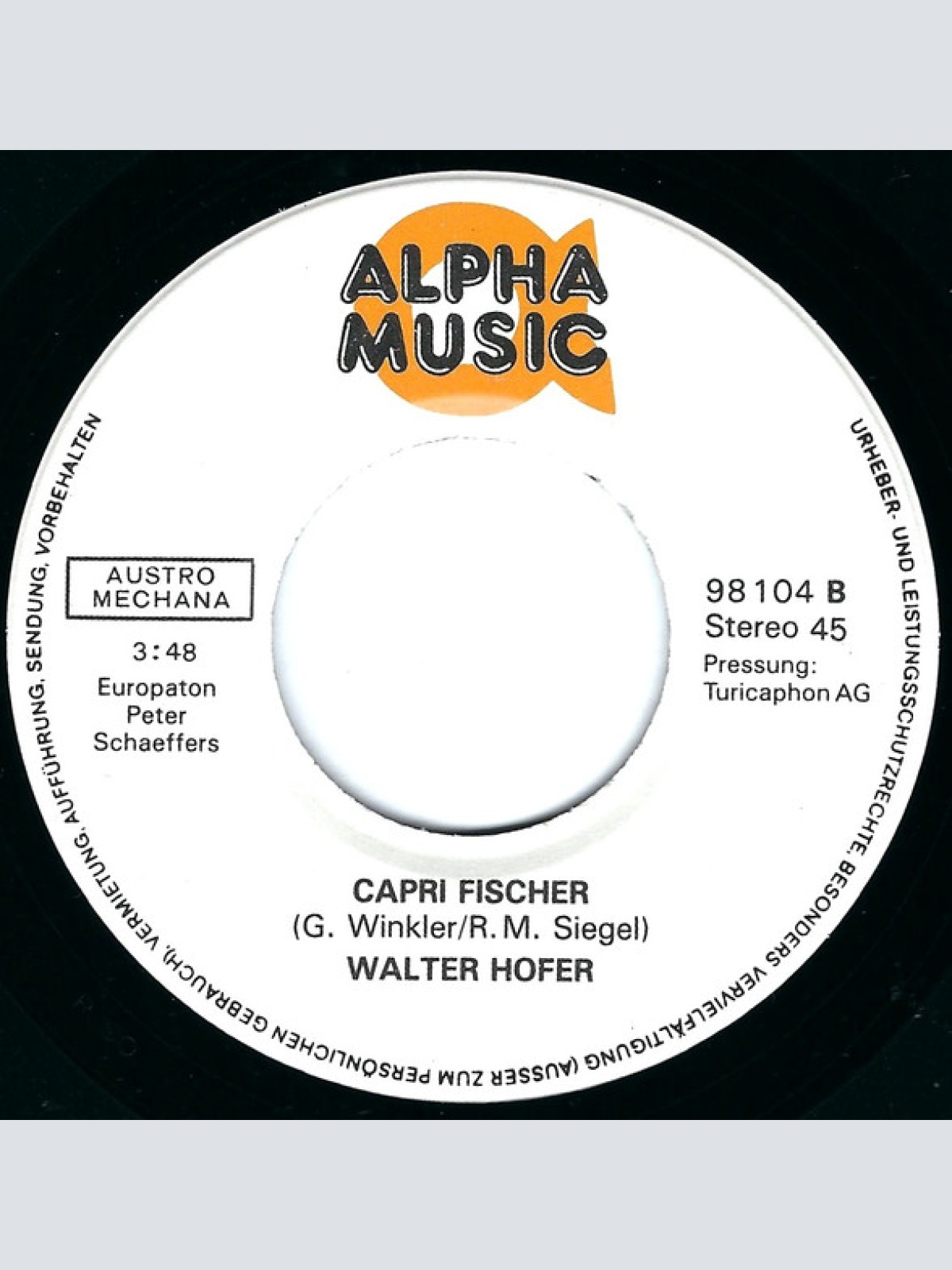 Vinyl / Walter Hofer (4) - I Feel Lonely Nights