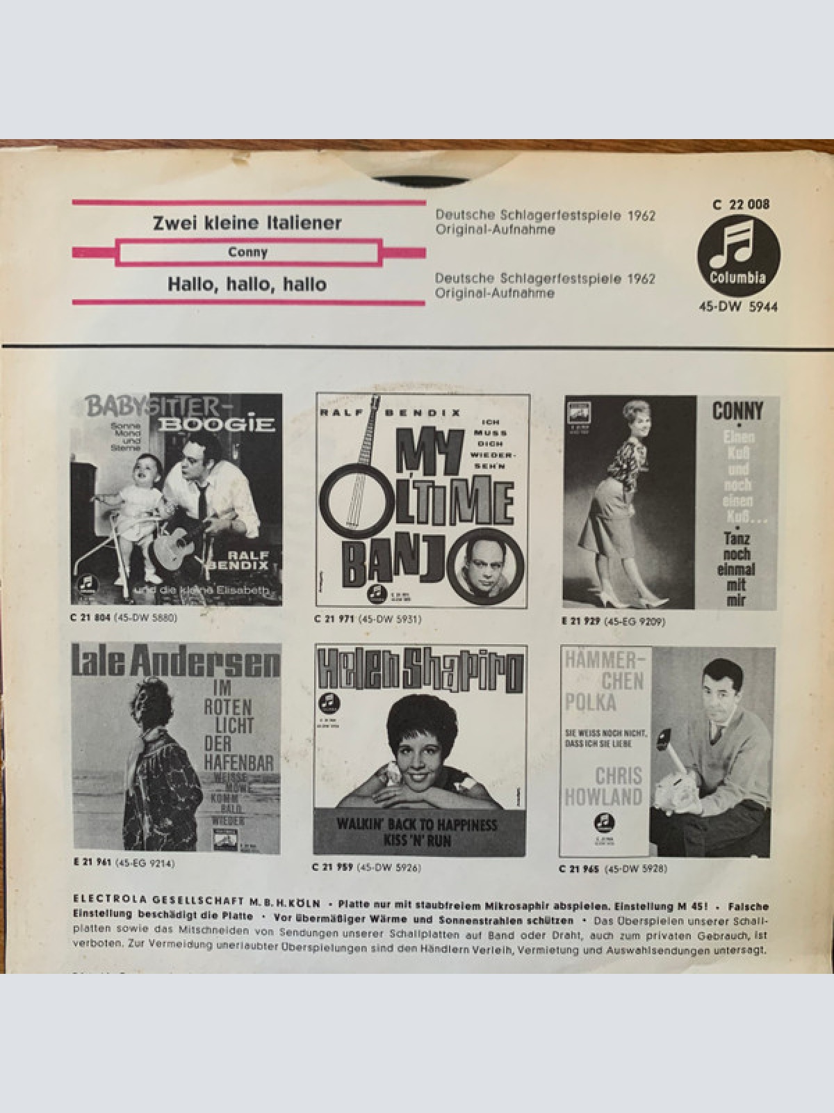 Vinyl / Conny* - Zwei Kleine Italiener / Hallo, Hallo, Hallo