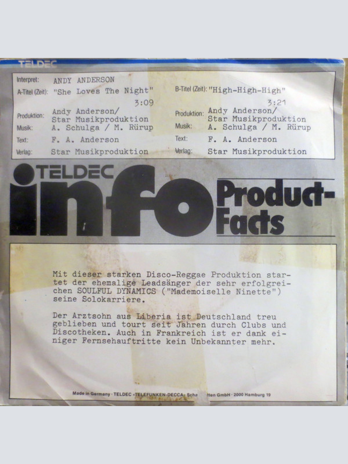 Vinyl / Andy Anderson* - She Loves The Night