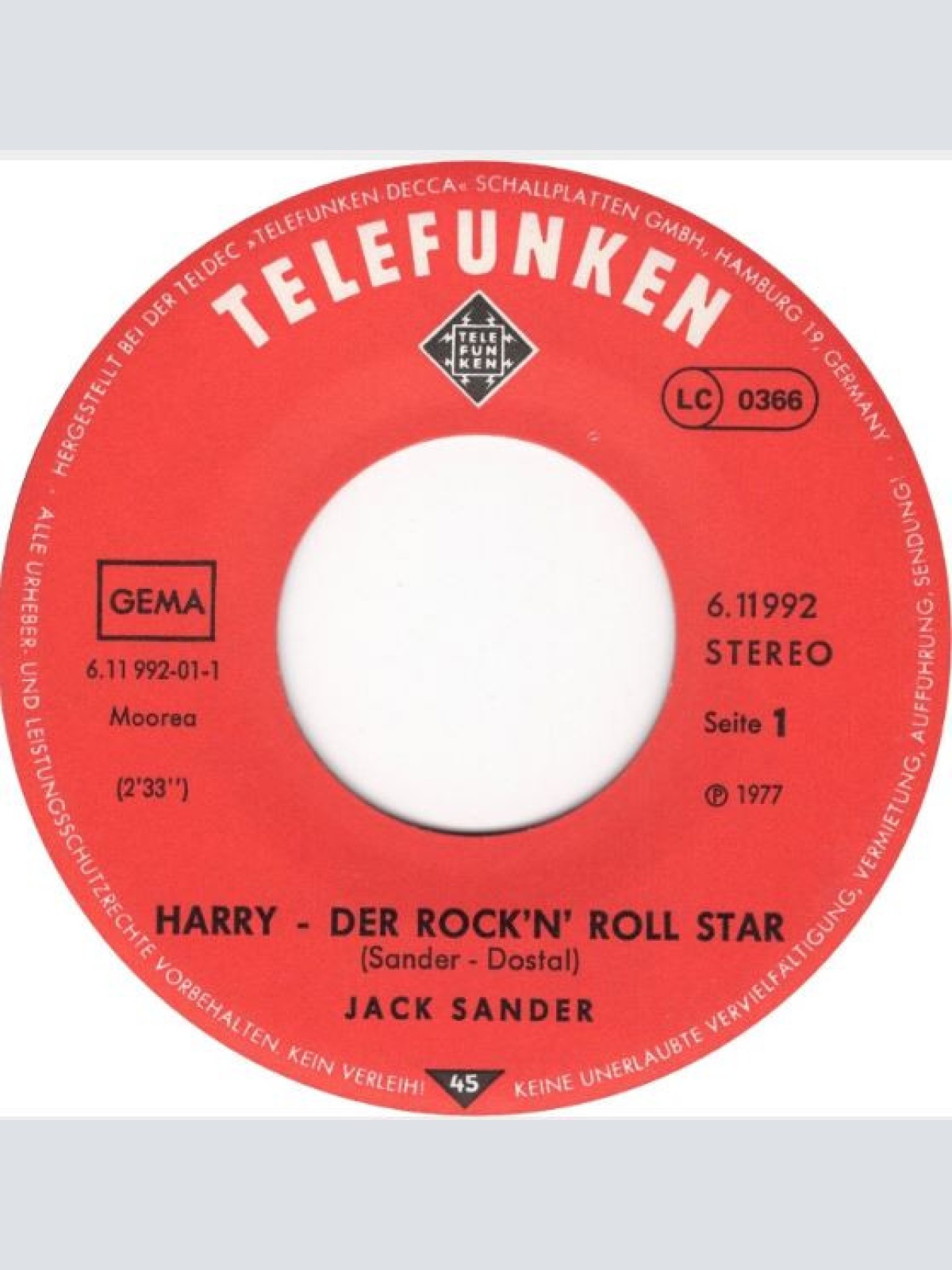 Vinyl / Jack Sander - Harry-Der Rock'n' Roll Star / Meine Träume werden wahr