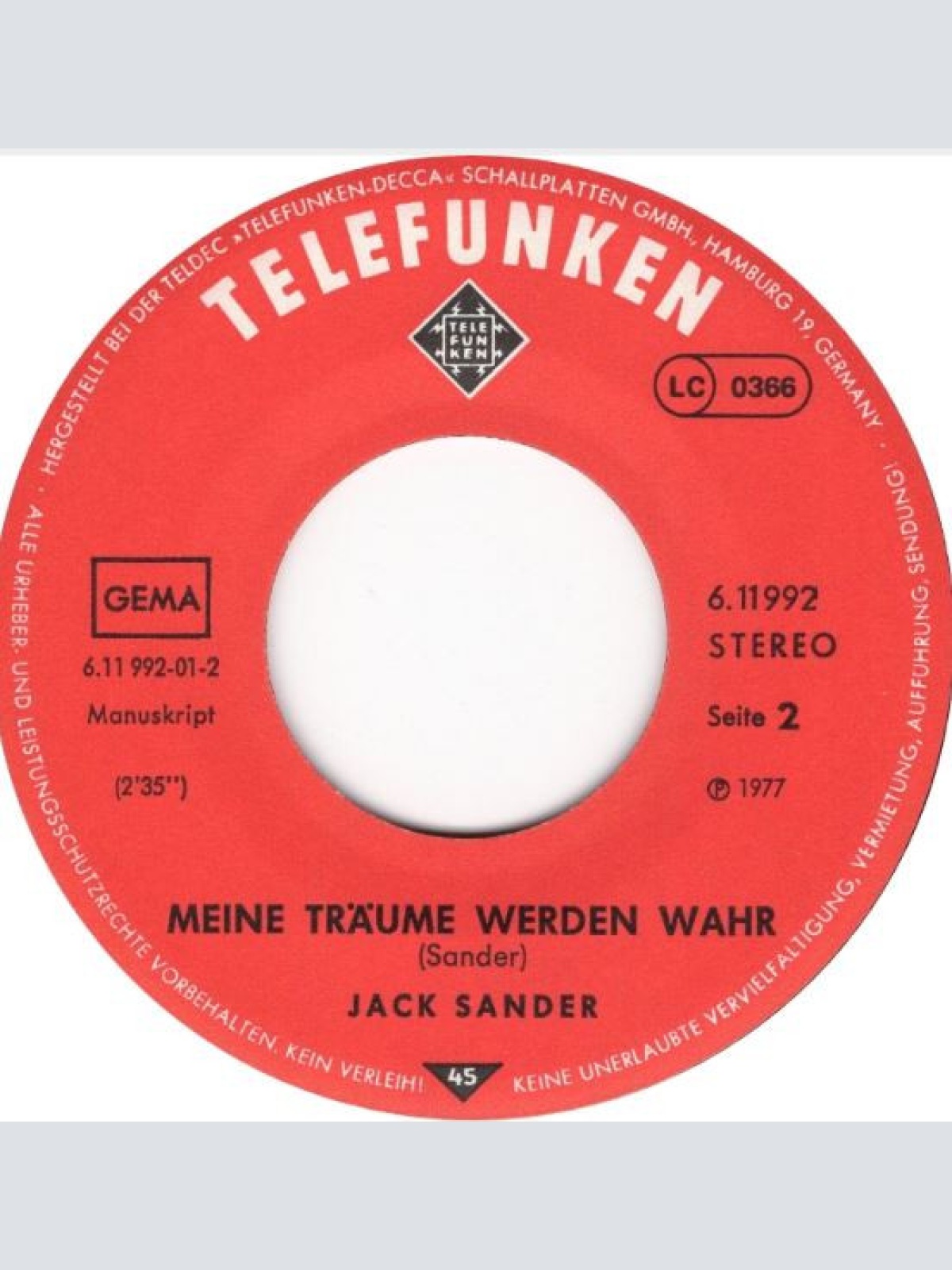 Vinyl / Jack Sander - Harry-Der Rock'n' Roll Star / Meine Träume werden wahr
