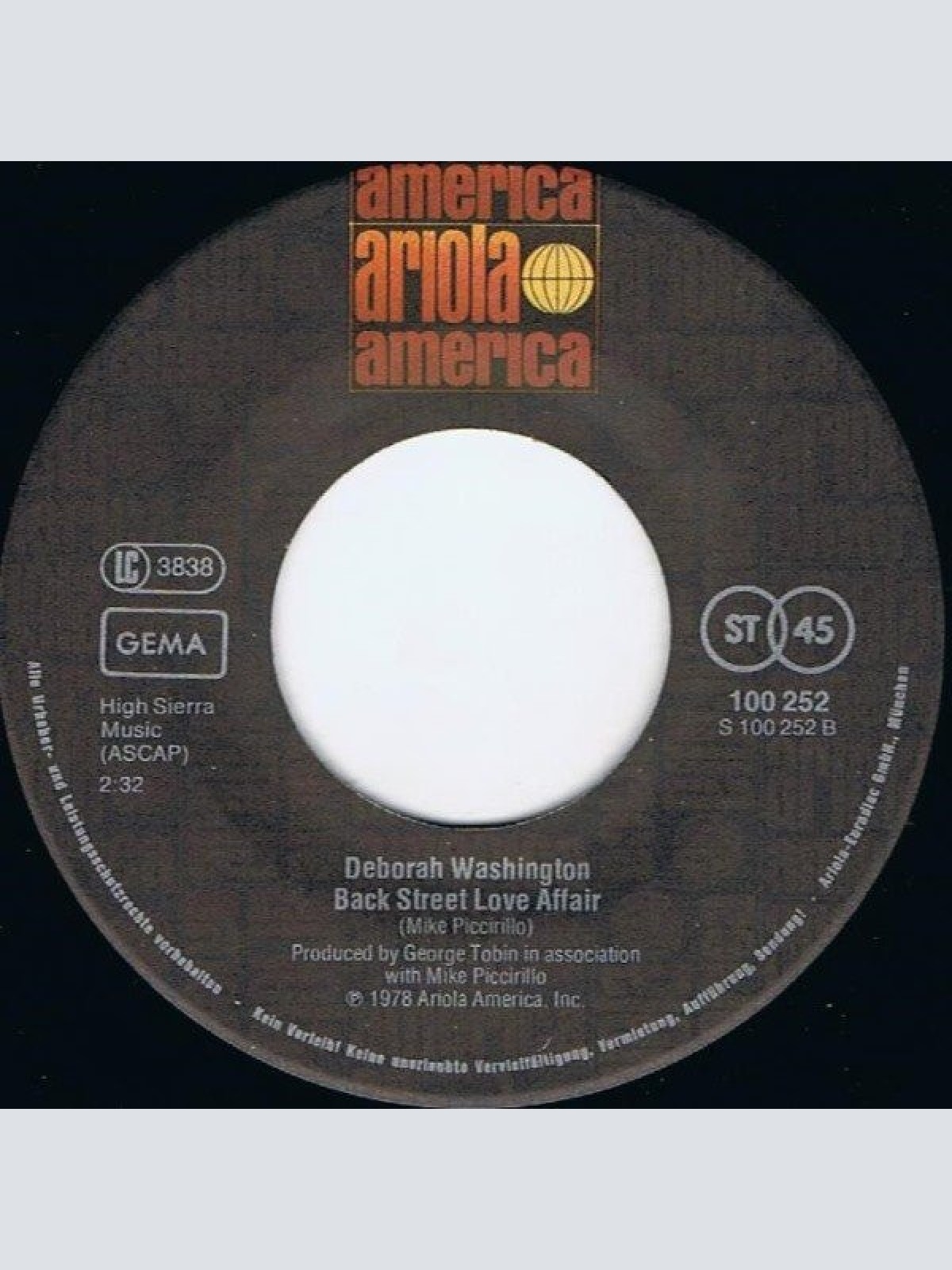 Vinyl / Deborah Washington - Standing In The Shadows Of Love (Love Shadow) / Back Street Love Affair