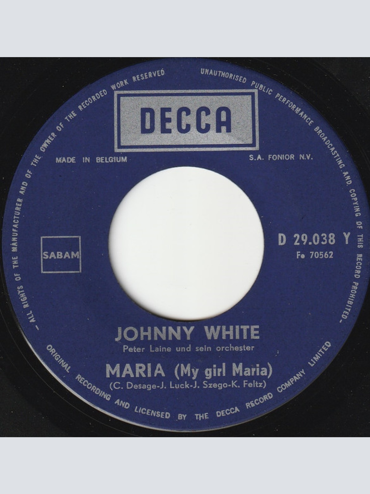Vinyl / Johnny White (3) - Mona Lisa / Maria