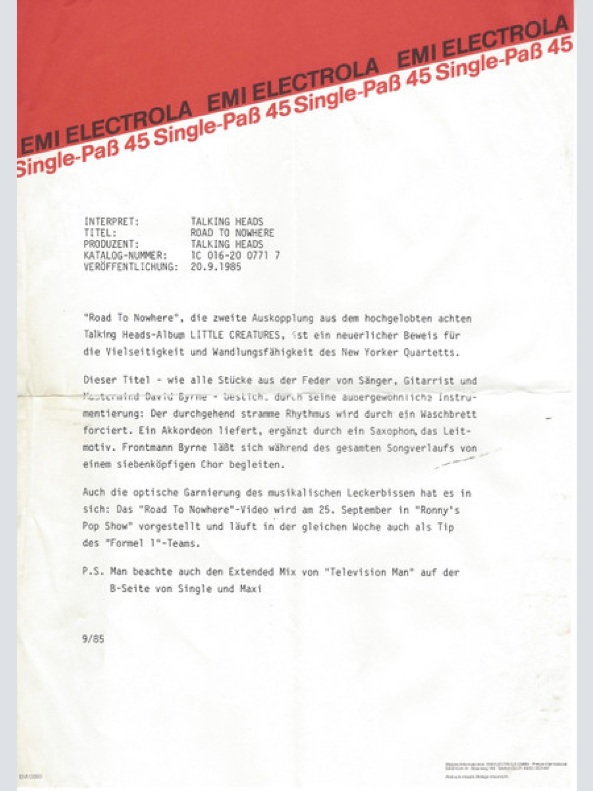 Vinyl / Talking Heads - Road To Nowhere